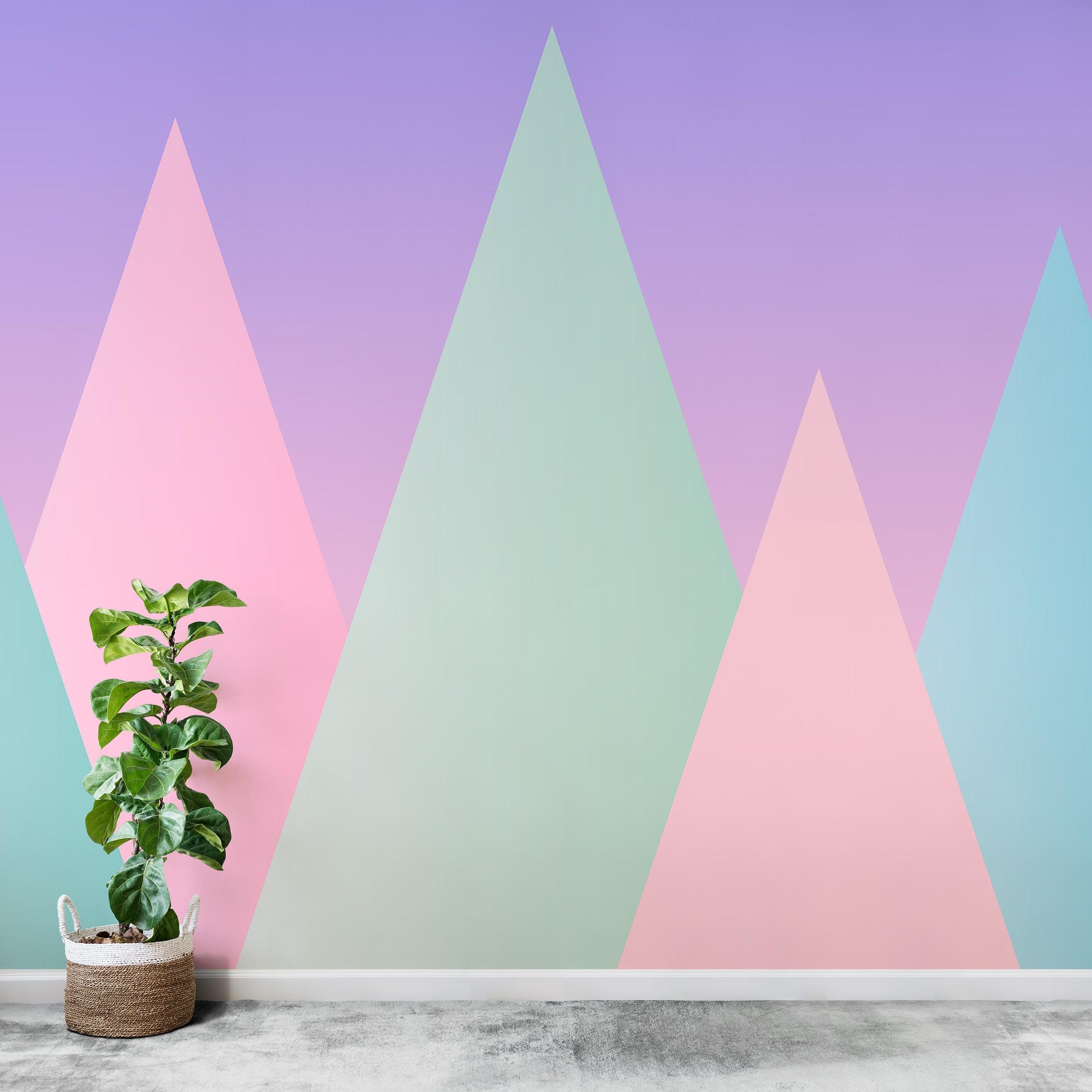 Geometric Triangular Mountain Wall Mural. Pastel Color Peel and Stick Wallpaper. #6388