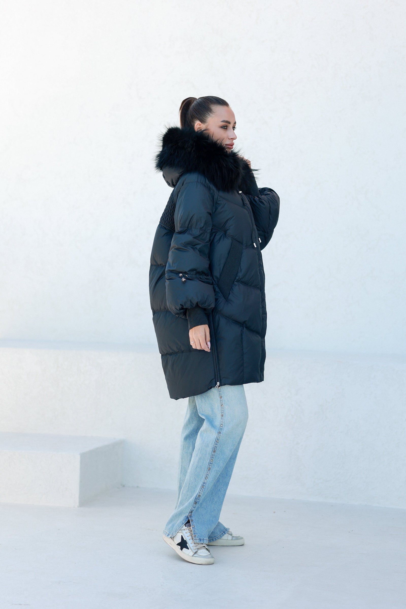 Celeste Genuine Fur Trim Down Fill Coat in Black