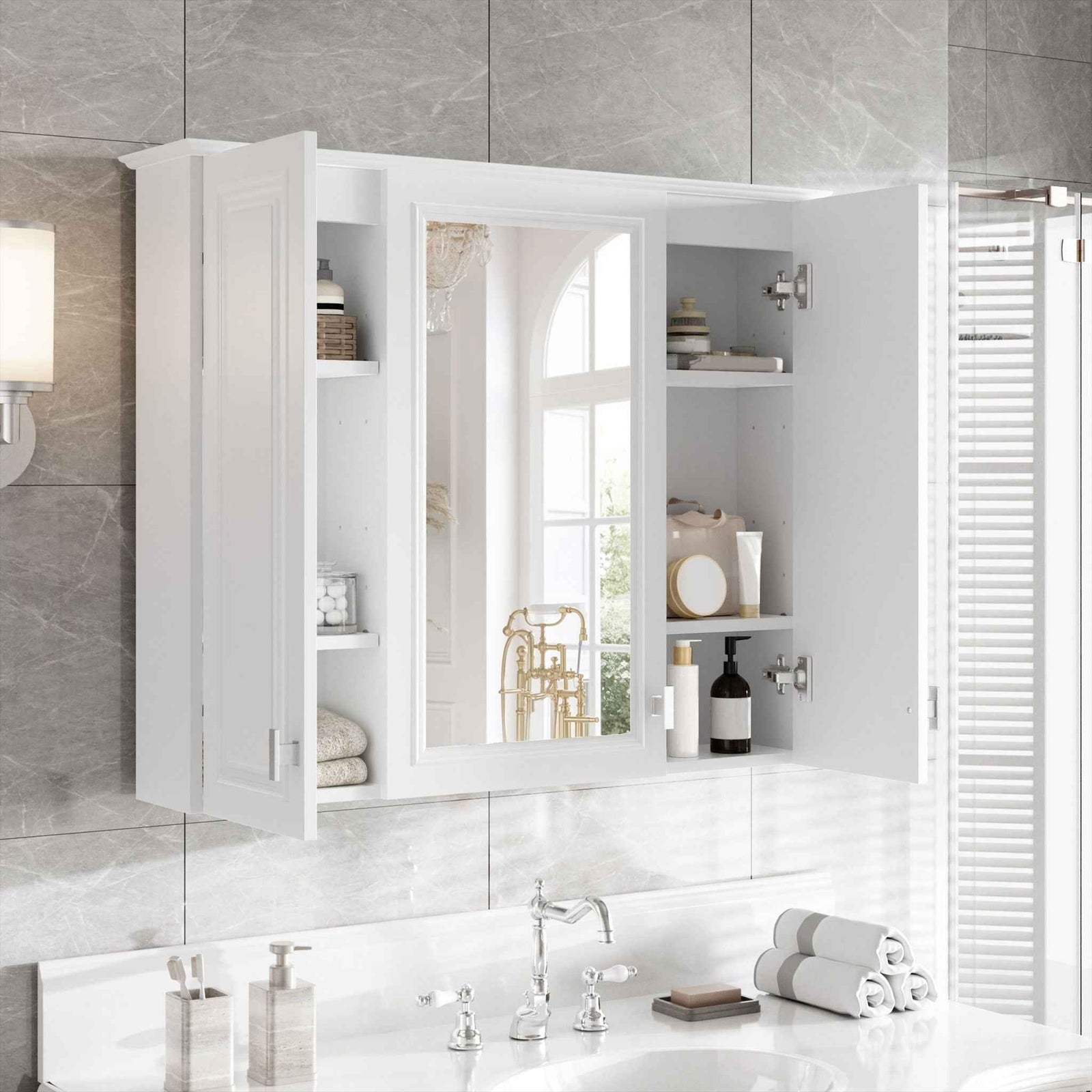 Wall Mounted Mirror Cabinet With 5 Adjustable Shelves, Rectangular Storage For Bathroom - White