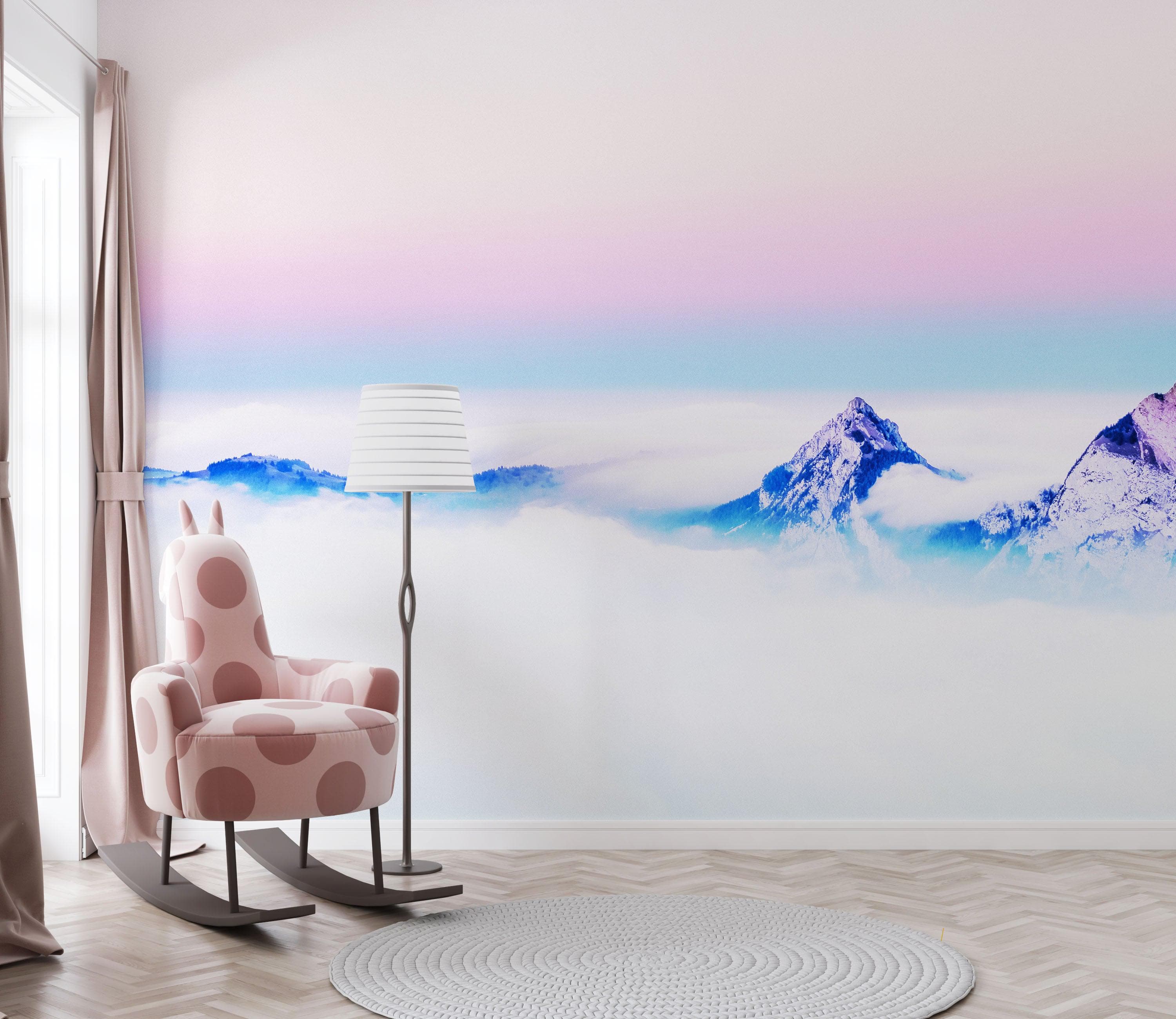 Pastel Color Mountain View on Top of Clouds Wall Mural. Peel and Stick Wallpaper / Removable Wall Mural. #6402