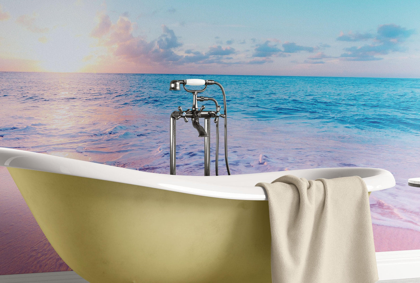 Pastel Color Sunset over Paradise Beach Wall Mural. Pastel Pink and Blue Color Scheme Peel and Stick Wallpaper. #6404