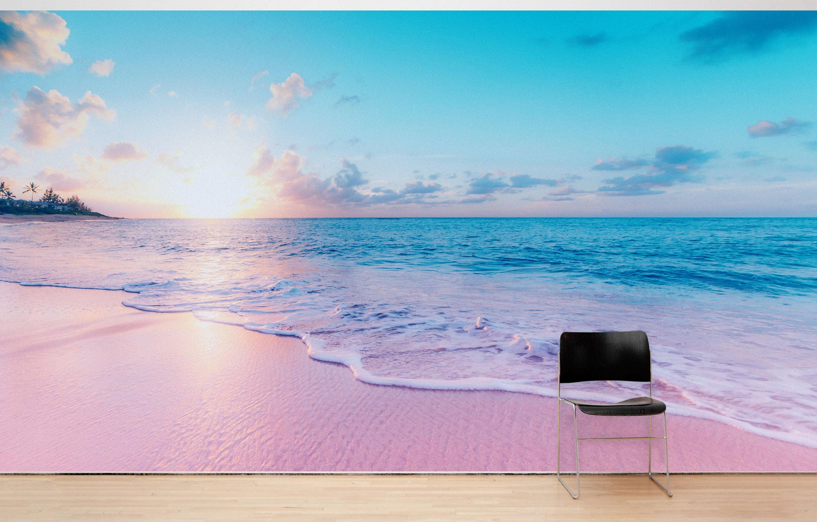 Pastel Color Sunset over Paradise Beach Wall Mural. Pastel Pink and Blue Color Scheme Peel and Stick Wallpaper. #6404