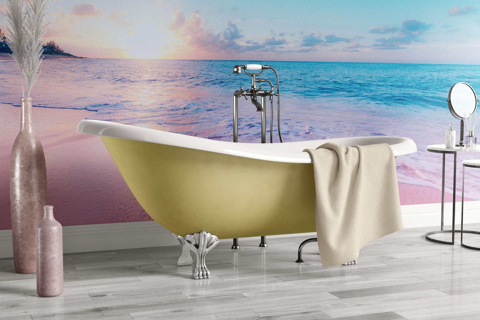 Pastel Color Sunset over Paradise Beach Wall Mural. Pastel Pink and Blue Color Scheme Peel and Stick Wallpaper. #6404
