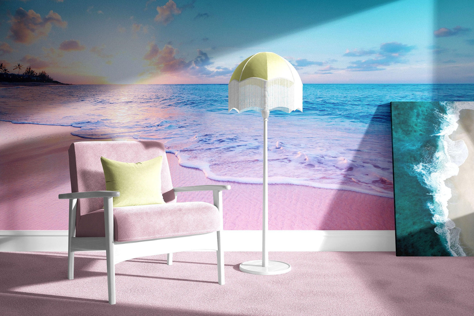 Pastel Color Sunset over Paradise Beach Wall Mural. Pastel Pink and Blue Color Scheme Peel and Stick Wallpaper. #6404