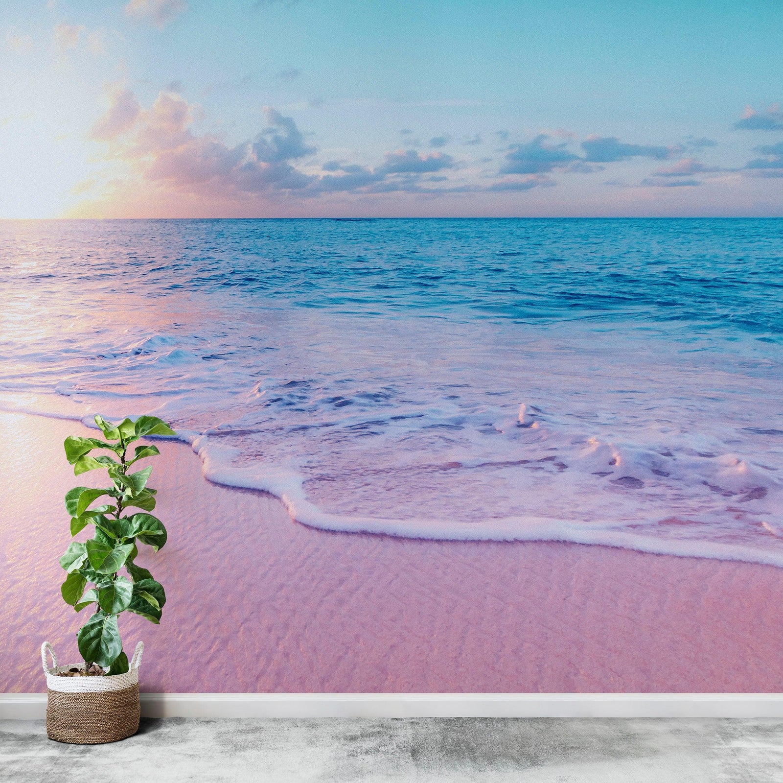 Pastel Color Sunset over Paradise Beach Wall Mural. Pastel Pink and Blue Color Scheme Peel and Stick Wallpaper. #6404