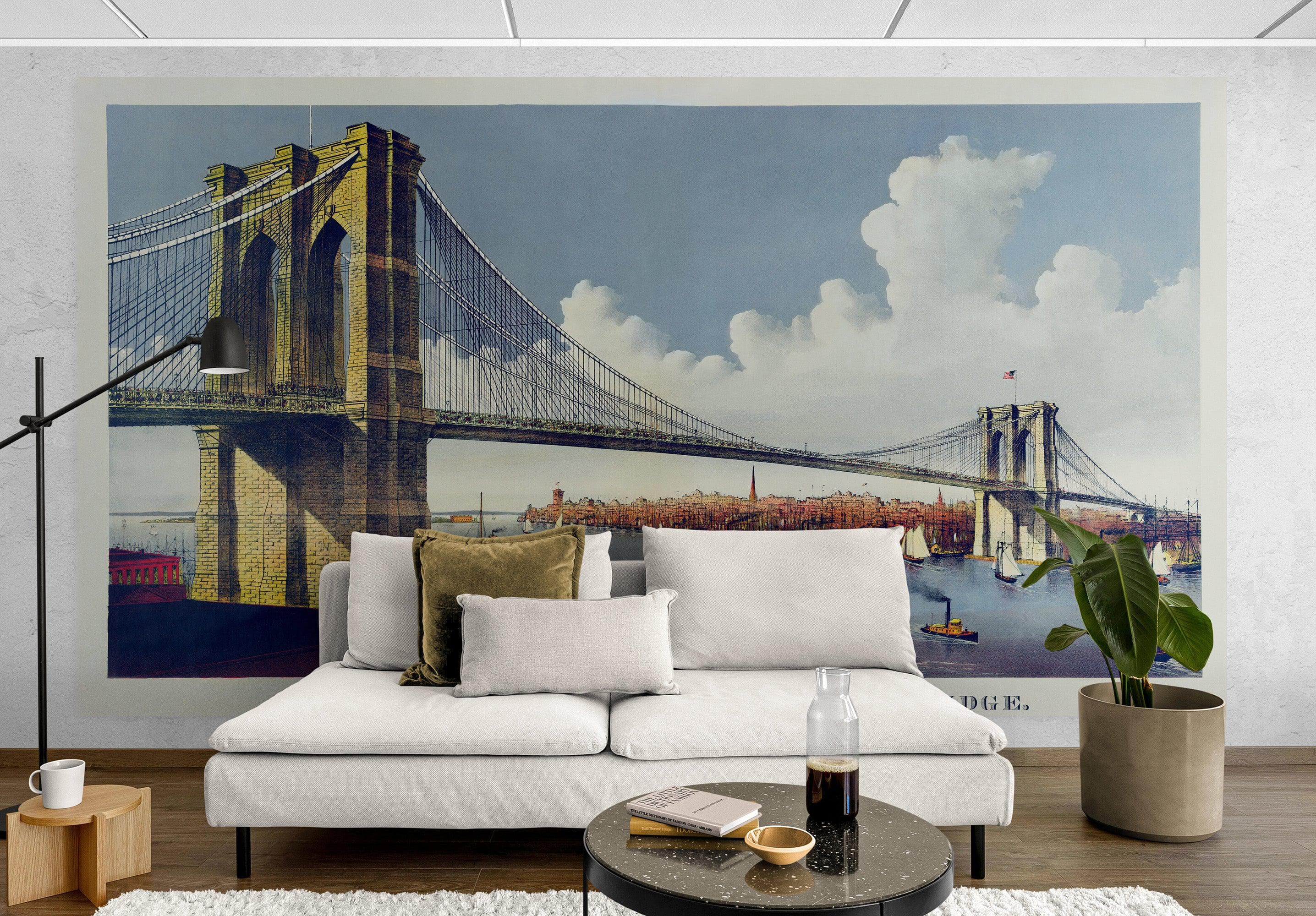 Vintage Brooklyn Bridge Illustration Wallpaper Mural - The Great East River Suspension Bridge. #6408