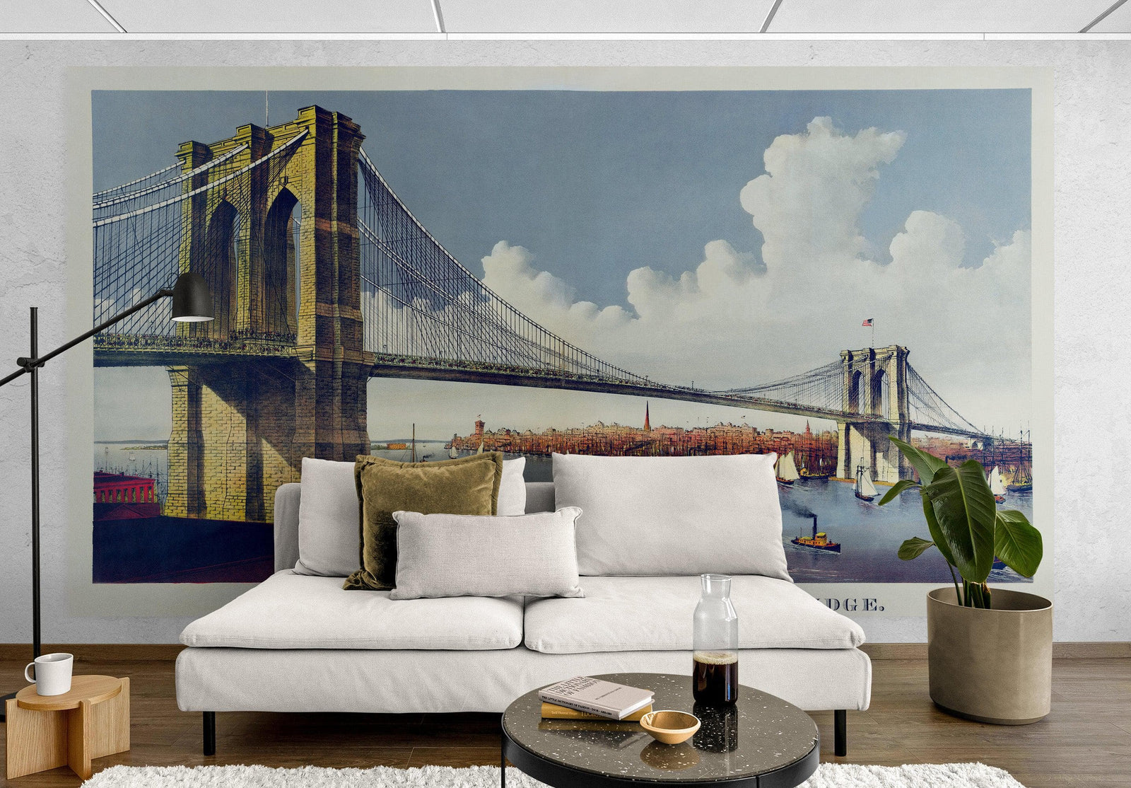 Vintage Brooklyn Bridge Illustration Wallpaper Mural - The Great East River Suspension Bridge. #6408