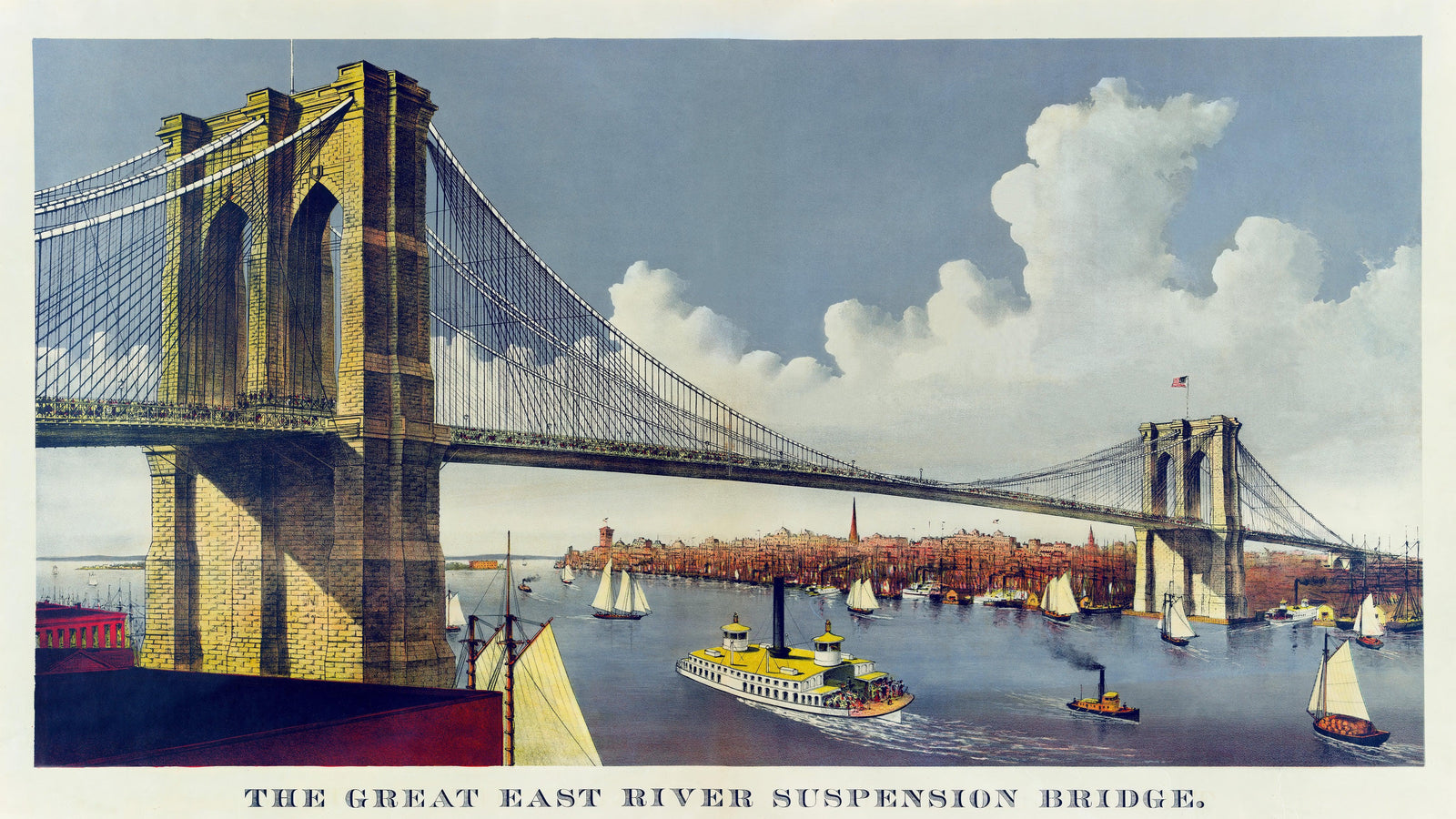 Vintage Brooklyn Bridge Illustration Wallpaper Mural - The Great East River Suspension Bridge. #6408
