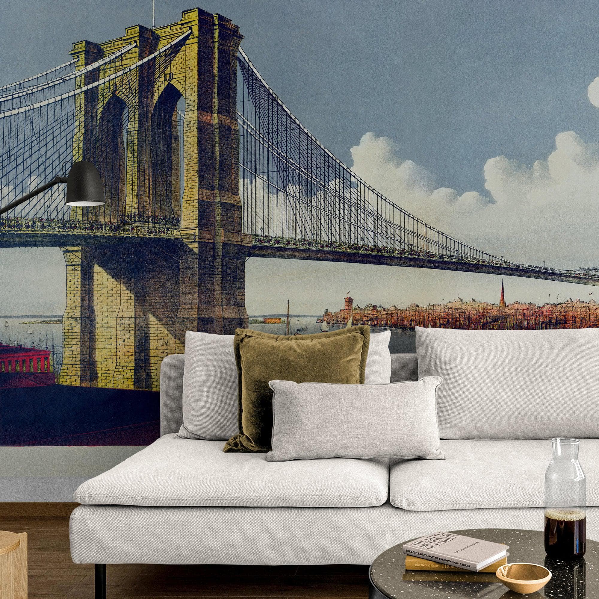 Vintage Brooklyn Bridge Illustration Wallpaper Mural - The Great East River Suspension Bridge. #6408