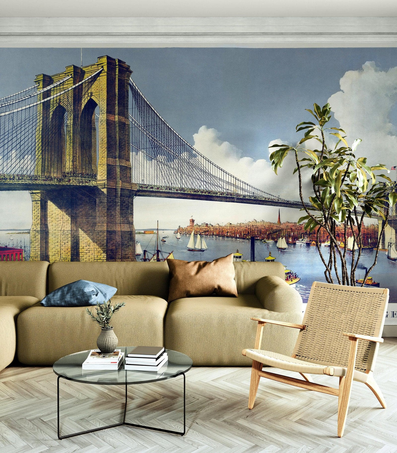 Vintage Brooklyn Bridge Illustration Wallpaper Mural - The Great East River Suspension Bridge. #6408
