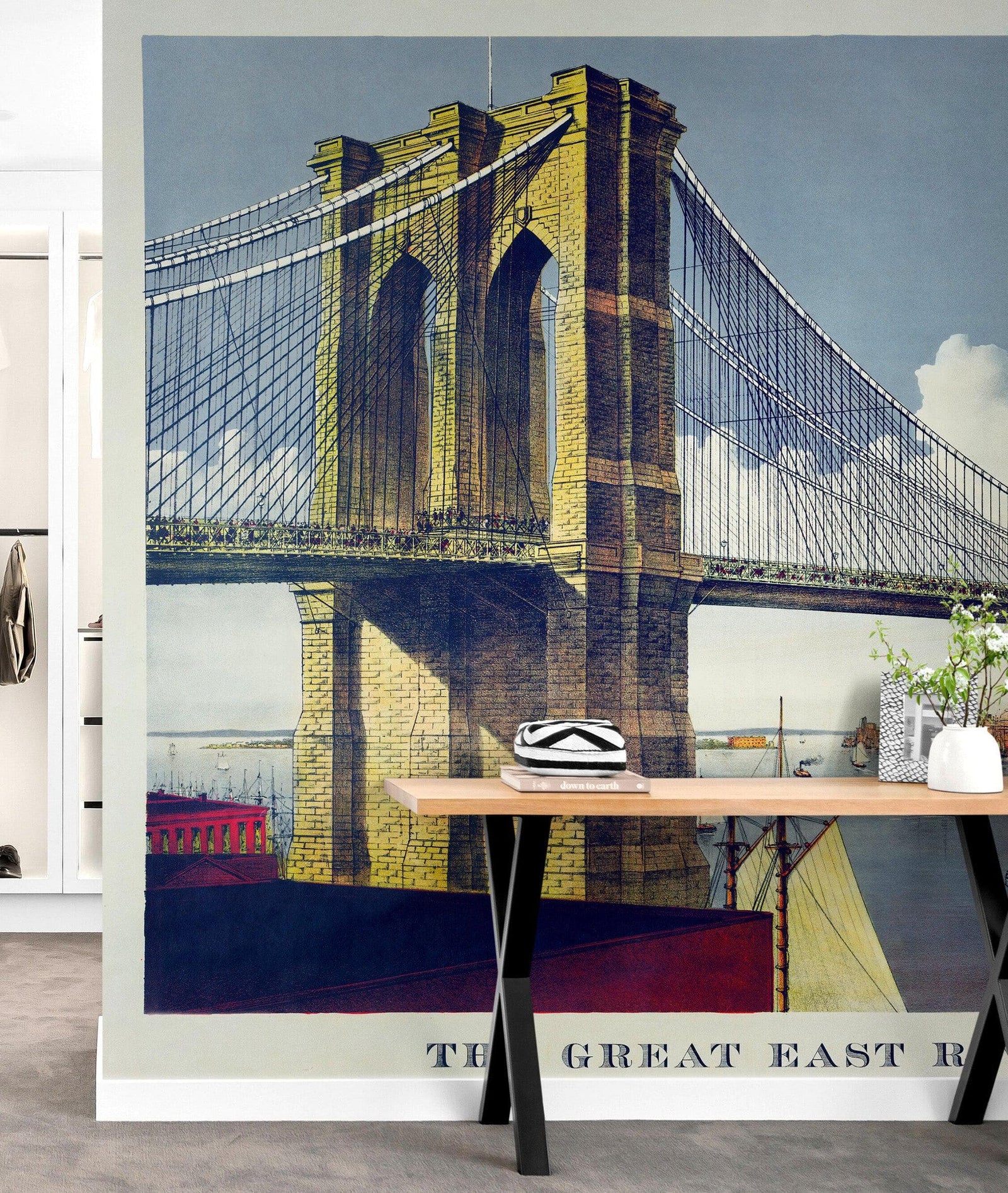 Vintage Brooklyn Bridge Illustration Wallpaper Mural - The Great East River Suspension Bridge. #6408