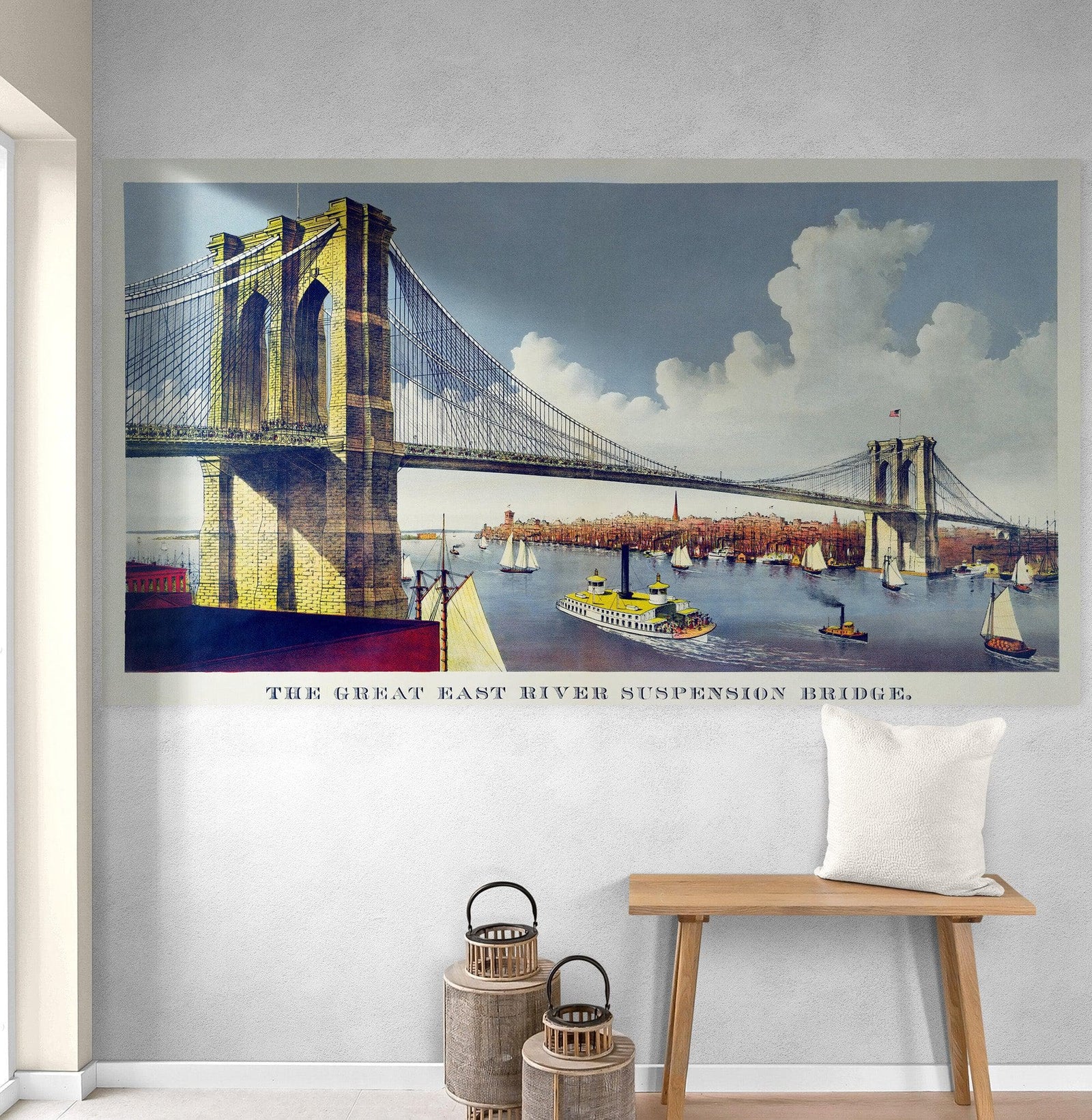 Vintage Brooklyn Bridge Illustration Wallpaper Mural - The Great East River Suspension Bridge. #6408