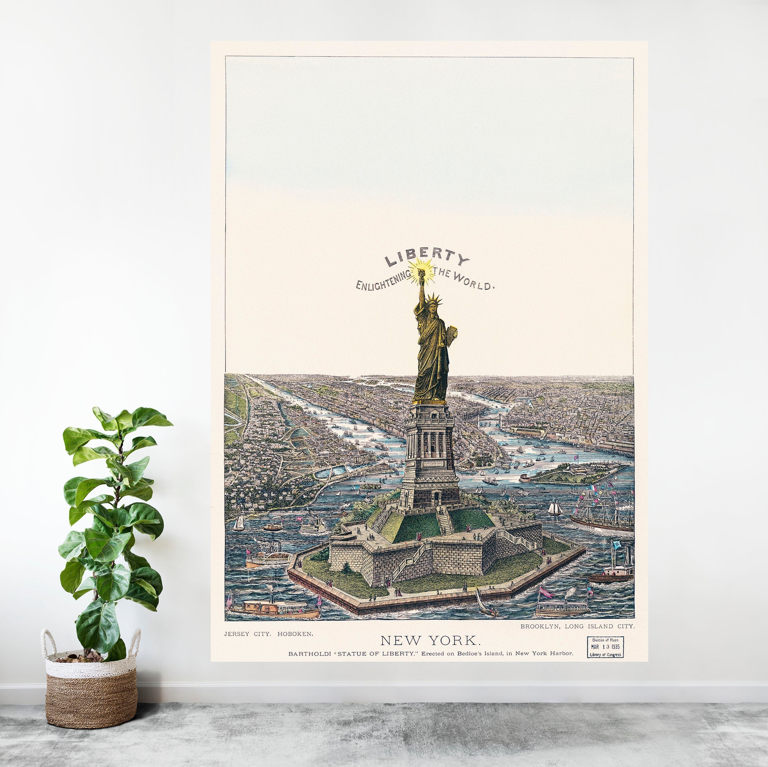 Vintage Illustration of the Statue of Liberty Wall Mural. The Great Bartholdi Statue, Liberty Enlightening the World Peel and Stick Wallpaper. #6409