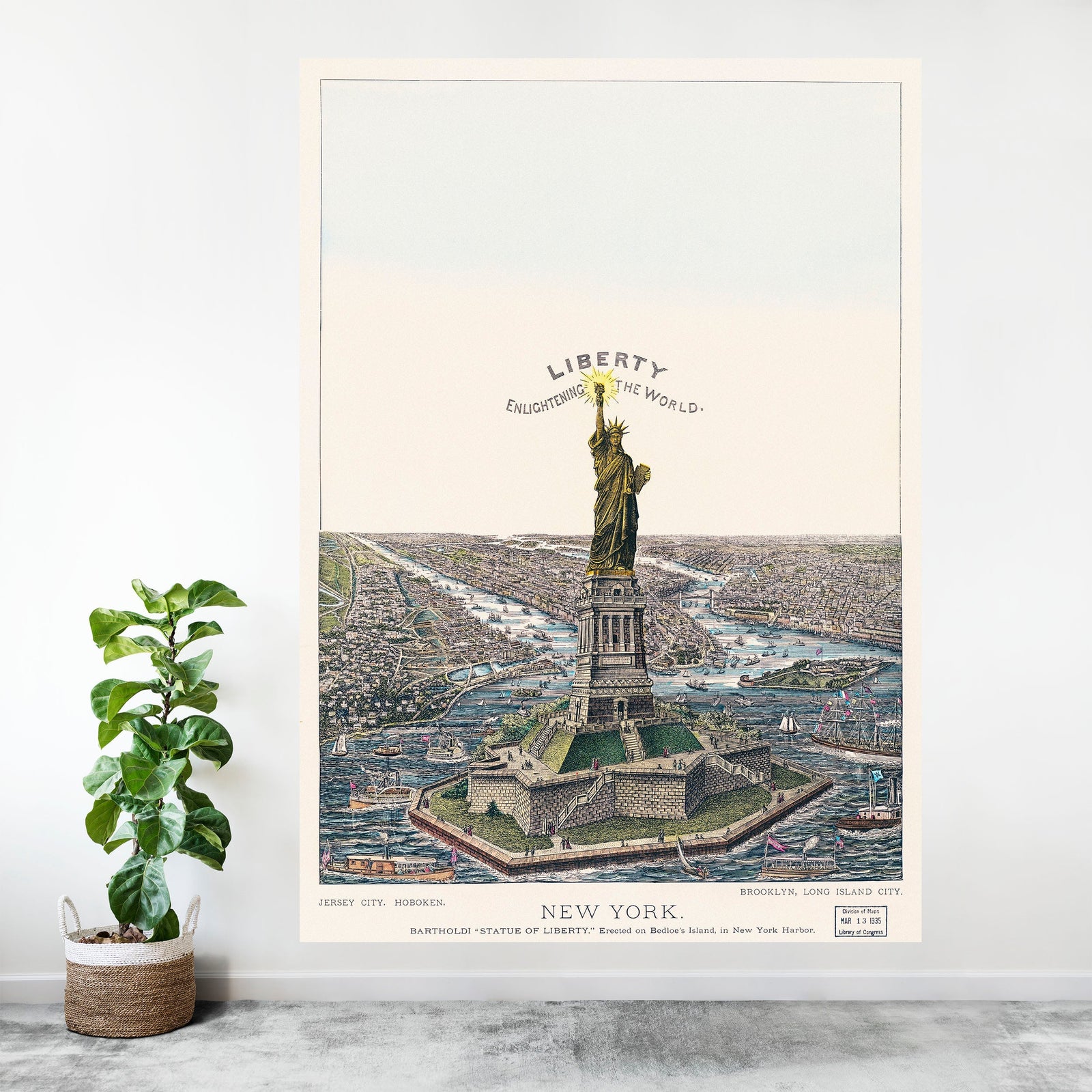 Vintage Illustration of the Statue of Liberty Wall Mural. The Great Bartholdi Statue, Liberty Enlightening the World Peel and Stick Wallpaper. #6409