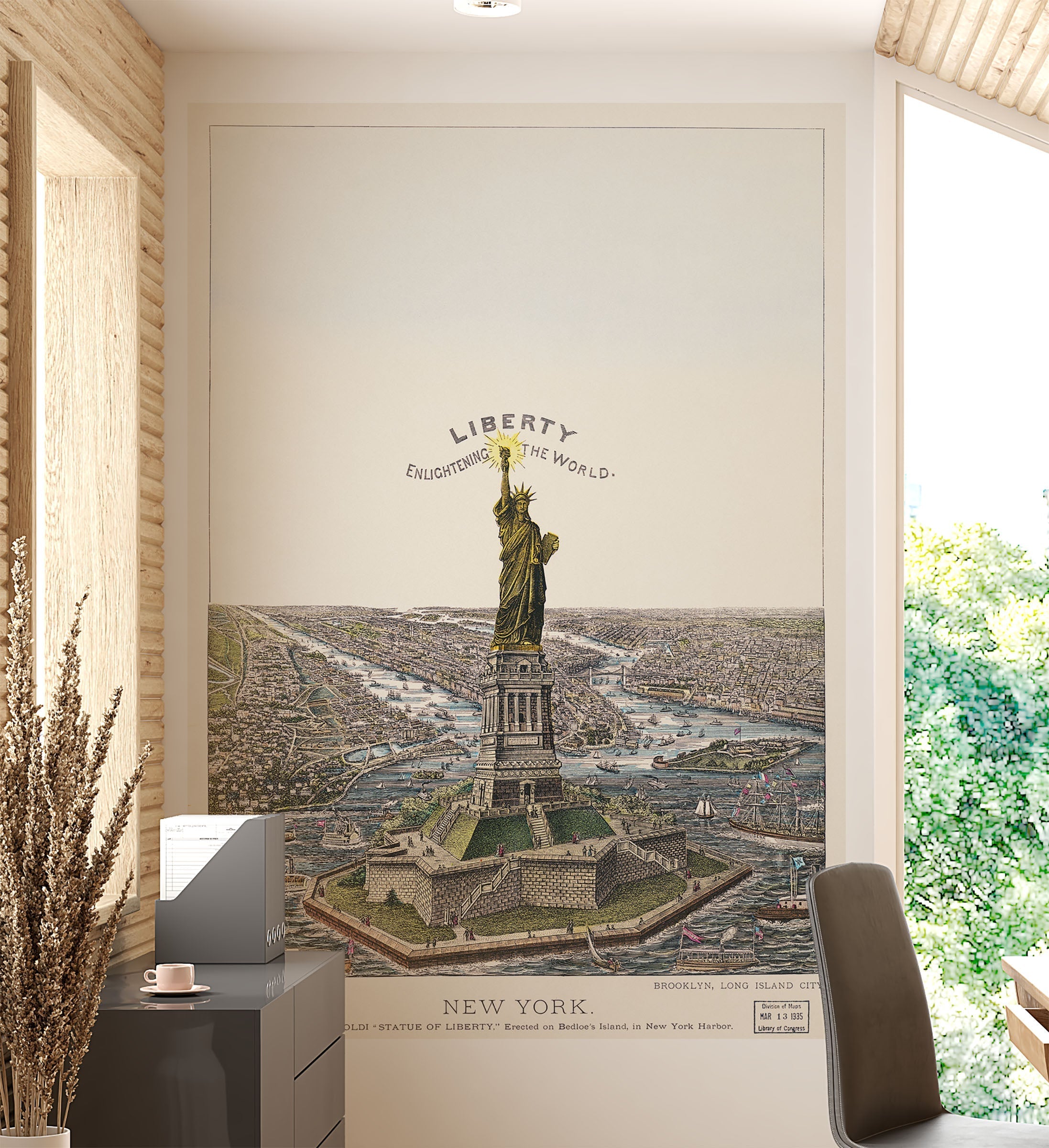 Vintage Illustration of the Statue of Liberty Wall Mural. The Great Bartholdi Statue, Liberty Enlightening the World Peel and Stick Wallpaper. #6409