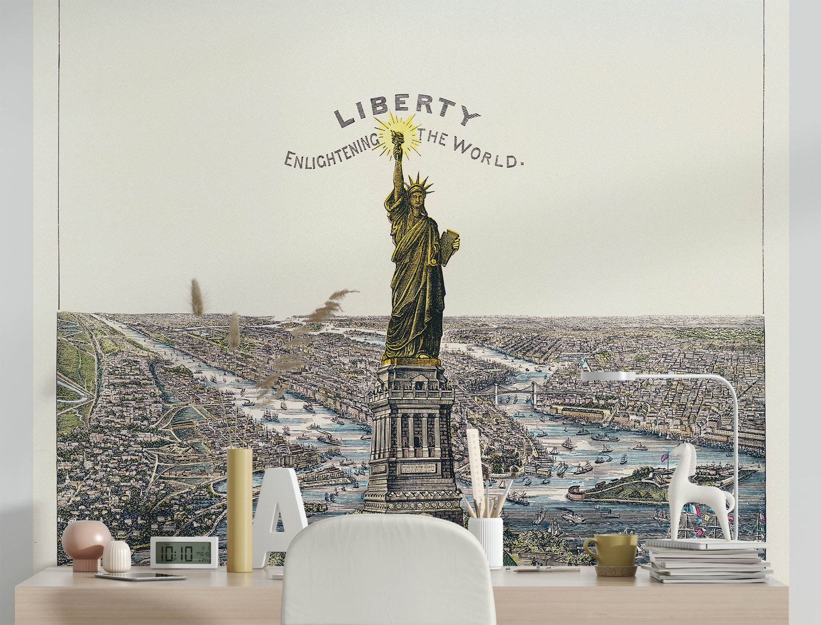 Vintage Illustration of the Statue of Liberty Wall Mural. The Great Bartholdi Statue, Liberty Enlightening the World Peel and Stick Wallpaper. #6409