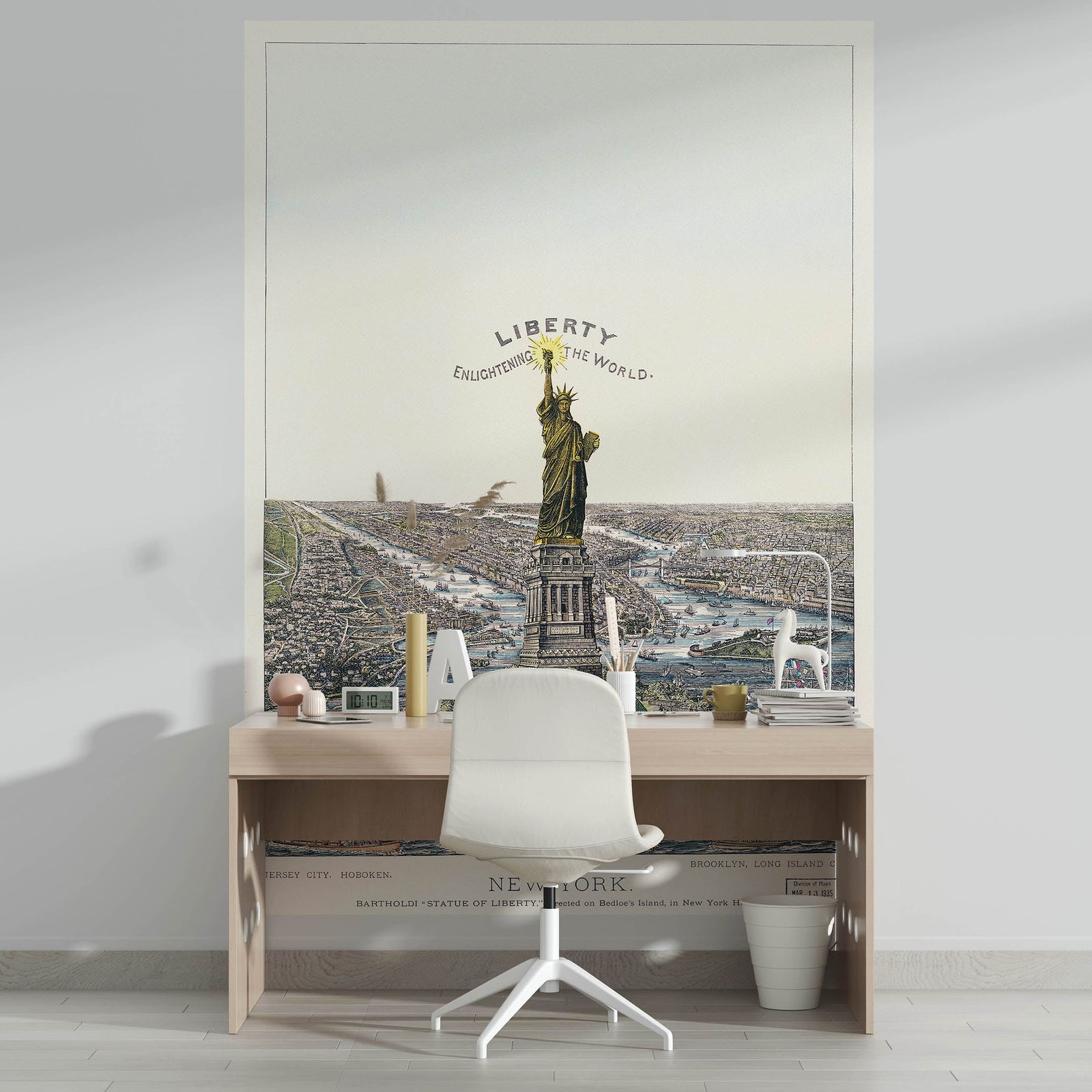 Vintage Illustration of the Statue of Liberty Wall Mural. The Great Bartholdi Statue, Liberty Enlightening the World Peel and Stick Wallpaper. #6409