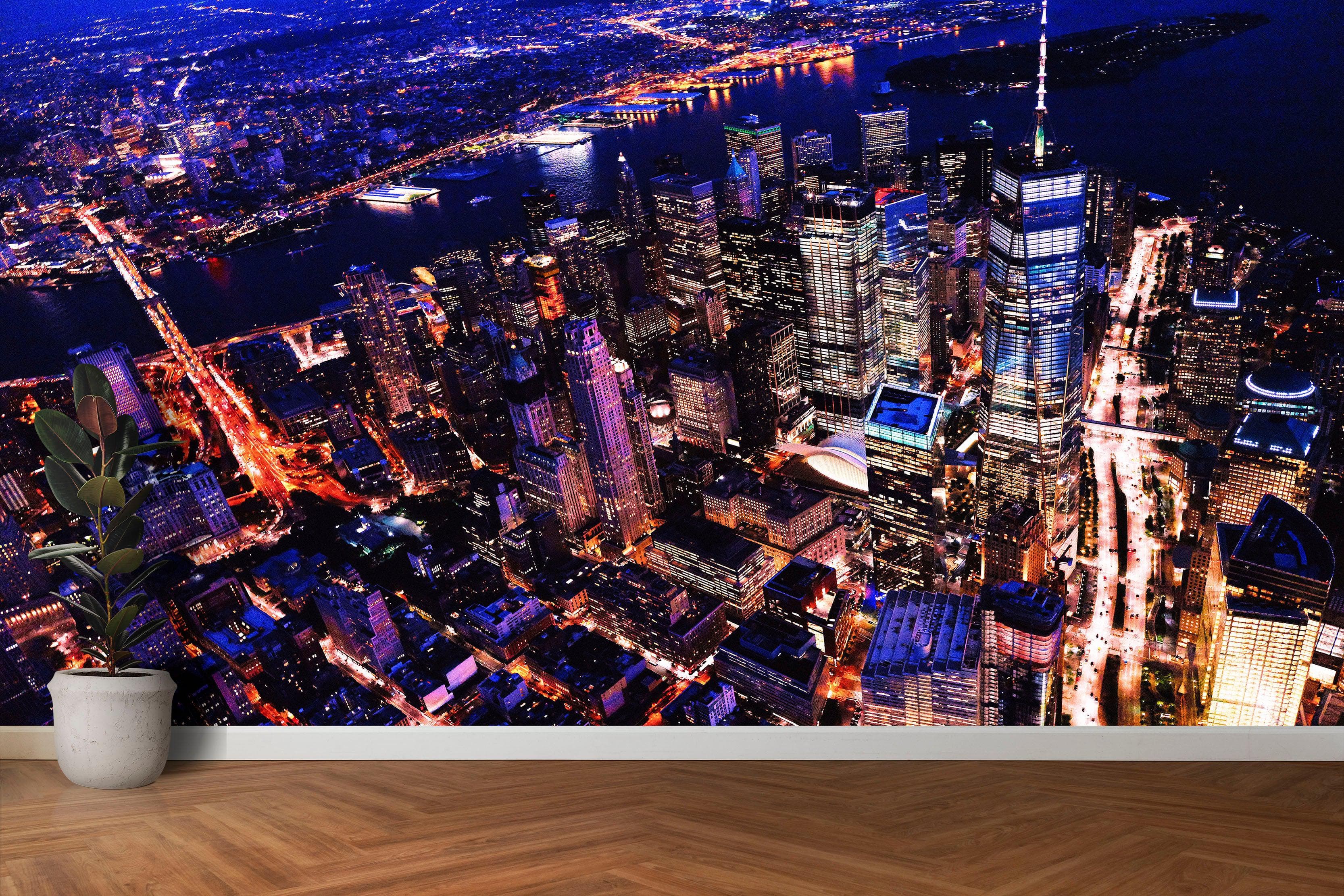 New York City Cyber Punk Synth Wave Wall Mural. 80’s Synth Wave Pop Style Bright Color Wallpaper. #6414