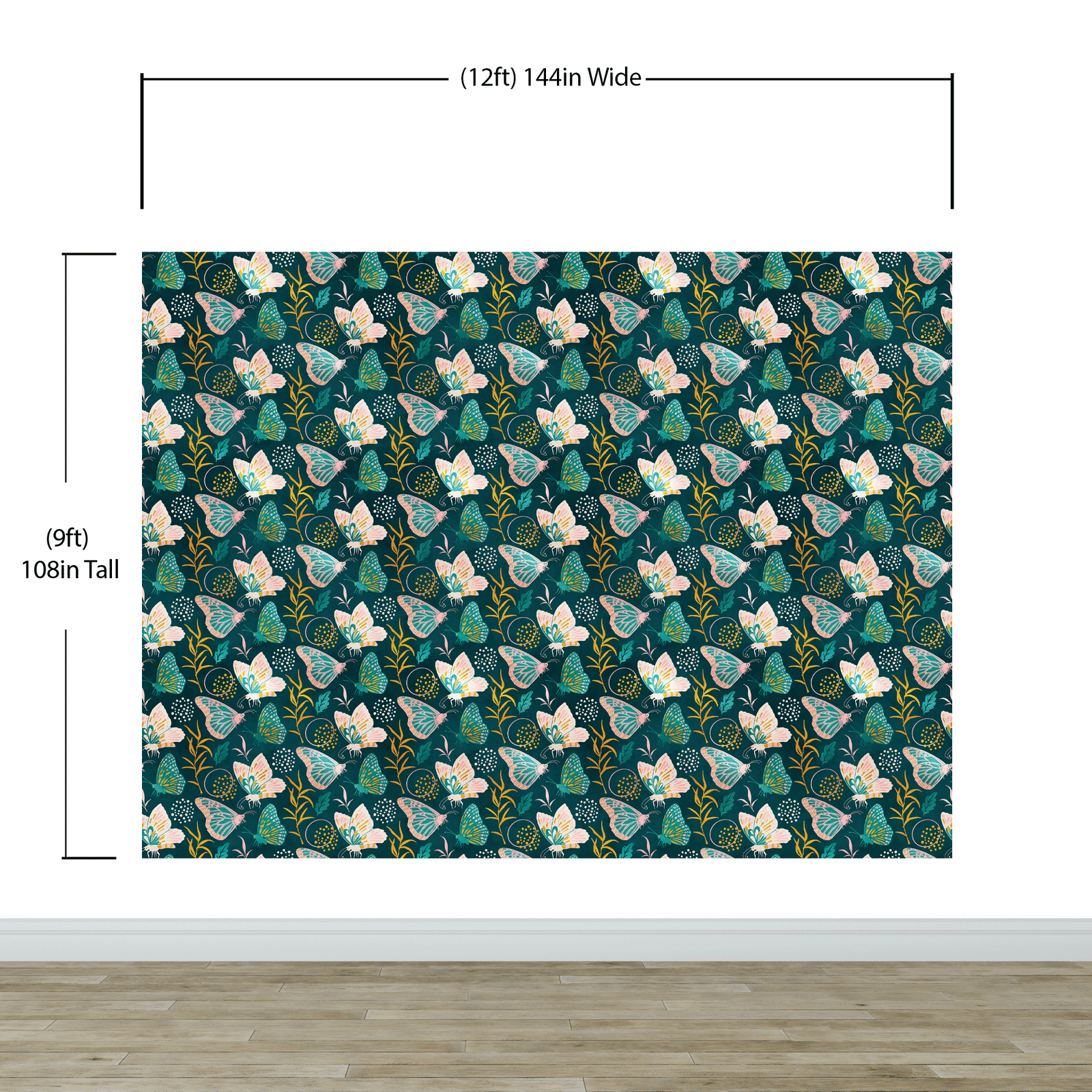 Butterfly Pattern Wall Mural. Retro Green and Gold Color Illustration Design. Bedroom, Nursery, Home Decor. #6435