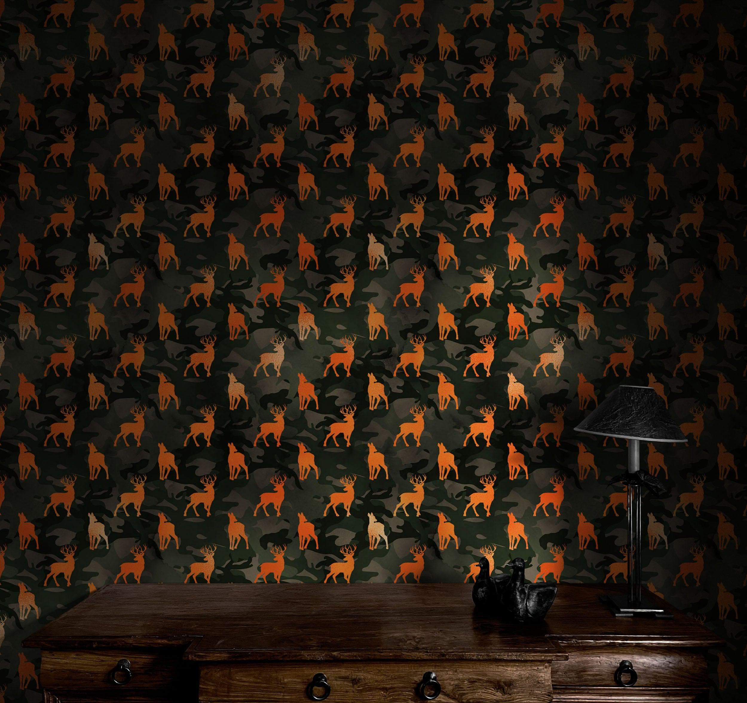 Deer Silhouette Camouflage Wall Mural. Military Theme / Hunter Home Decor. Peel and Stick Wallpaper. #6436