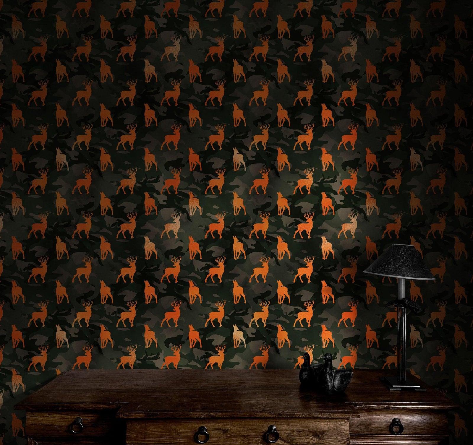 Deer Silhouette Camouflage Wall Mural. Military Theme / Hunter Home Decor. Peel and Stick Wallpaper. #6436