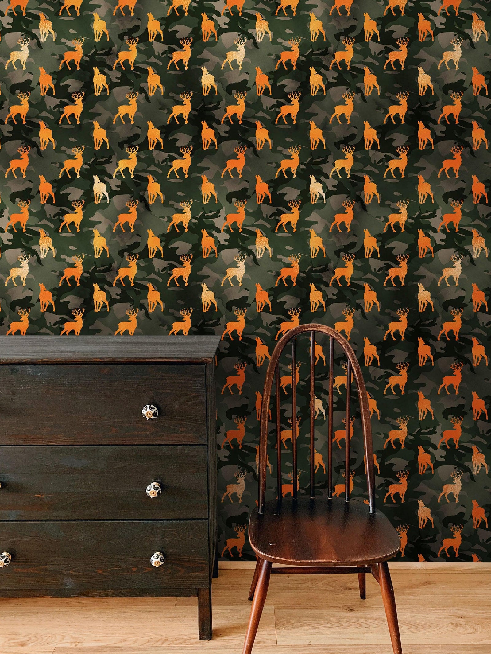 Deer Silhouette Camouflage Wall Mural. Military Theme / Hunter Home Decor. Peel and Stick Wallpaper. #6436