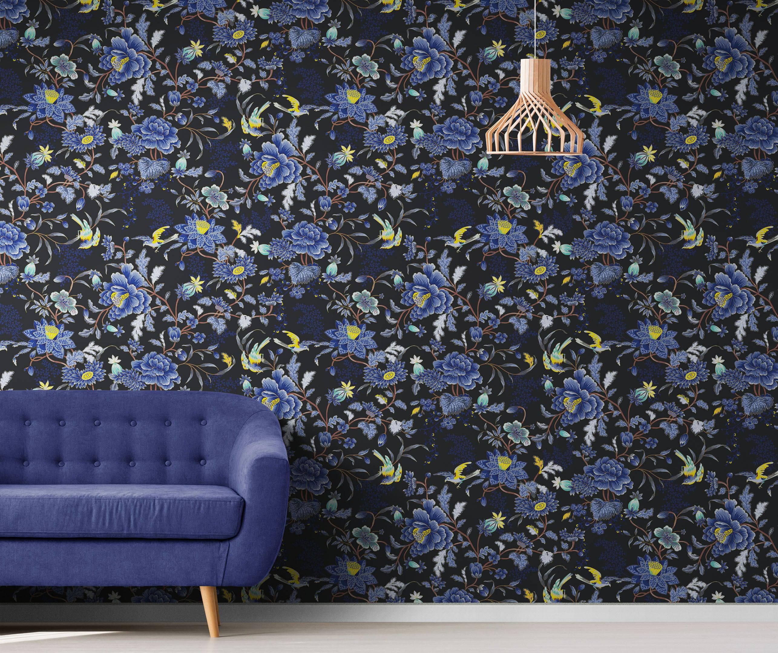 Blue and Black Color Flower Pattern Wall Mural. Tropical Botanical Floral Peel and Stick Wallpaper. #6437