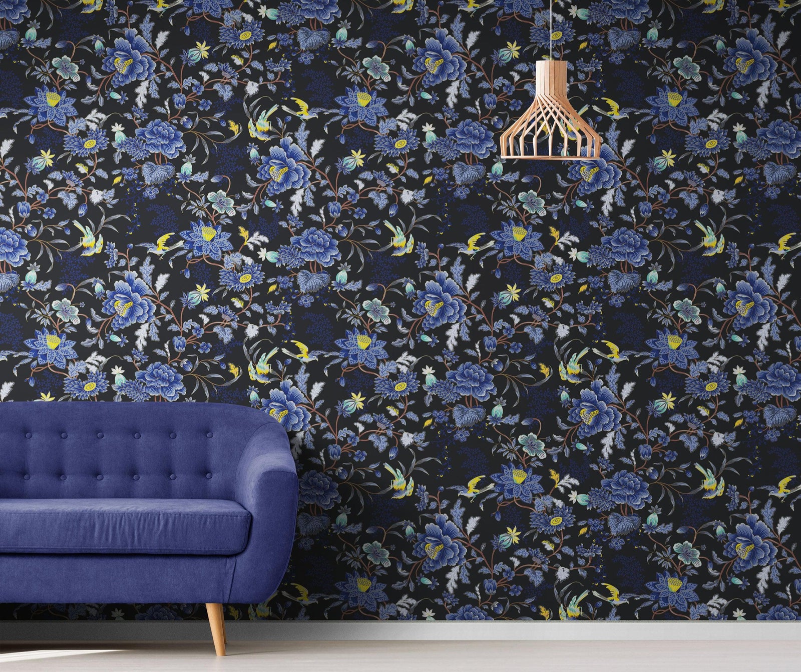 Blue and Black Color Flower Pattern Wall Mural. Tropical Botanical Floral Peel and Stick Wallpaper. #6437