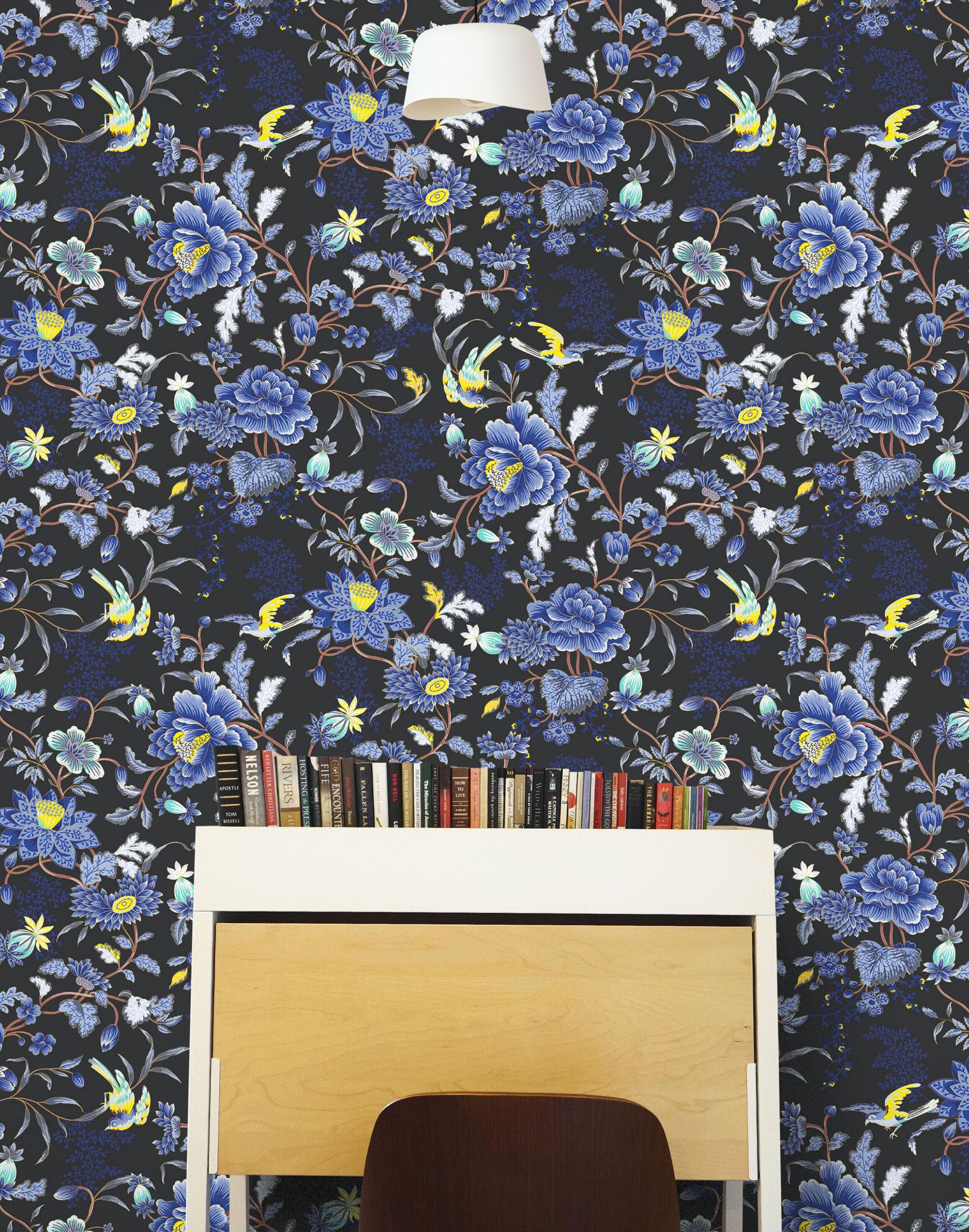 Blue and Black Color Flower Pattern Wall Mural. Tropical Botanical Floral Peel and Stick Wallpaper. #6437