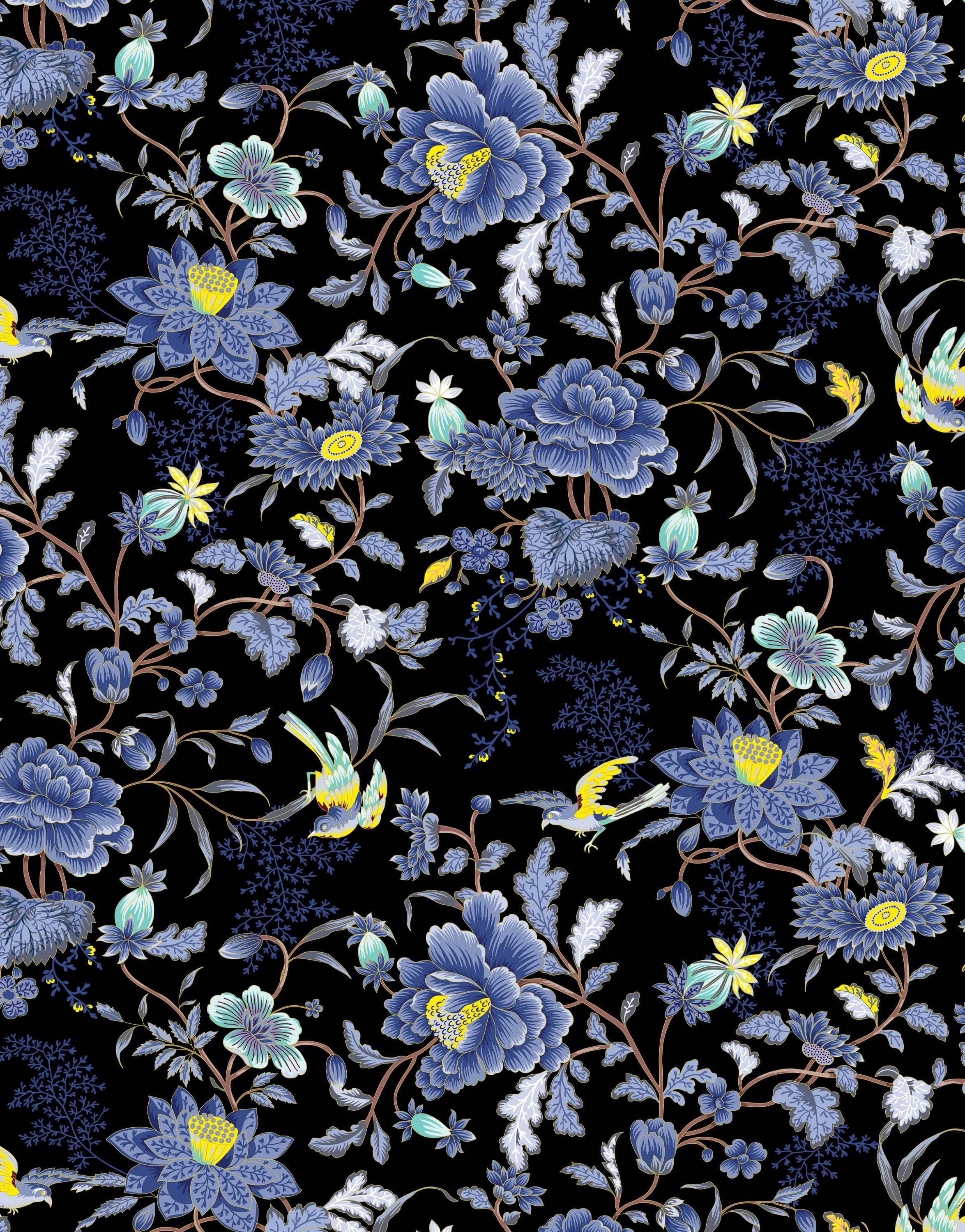 Blue and Black Color Flower Pattern Wall Mural. Tropical Botanical Floral Peel and Stick Wallpaper. #6437