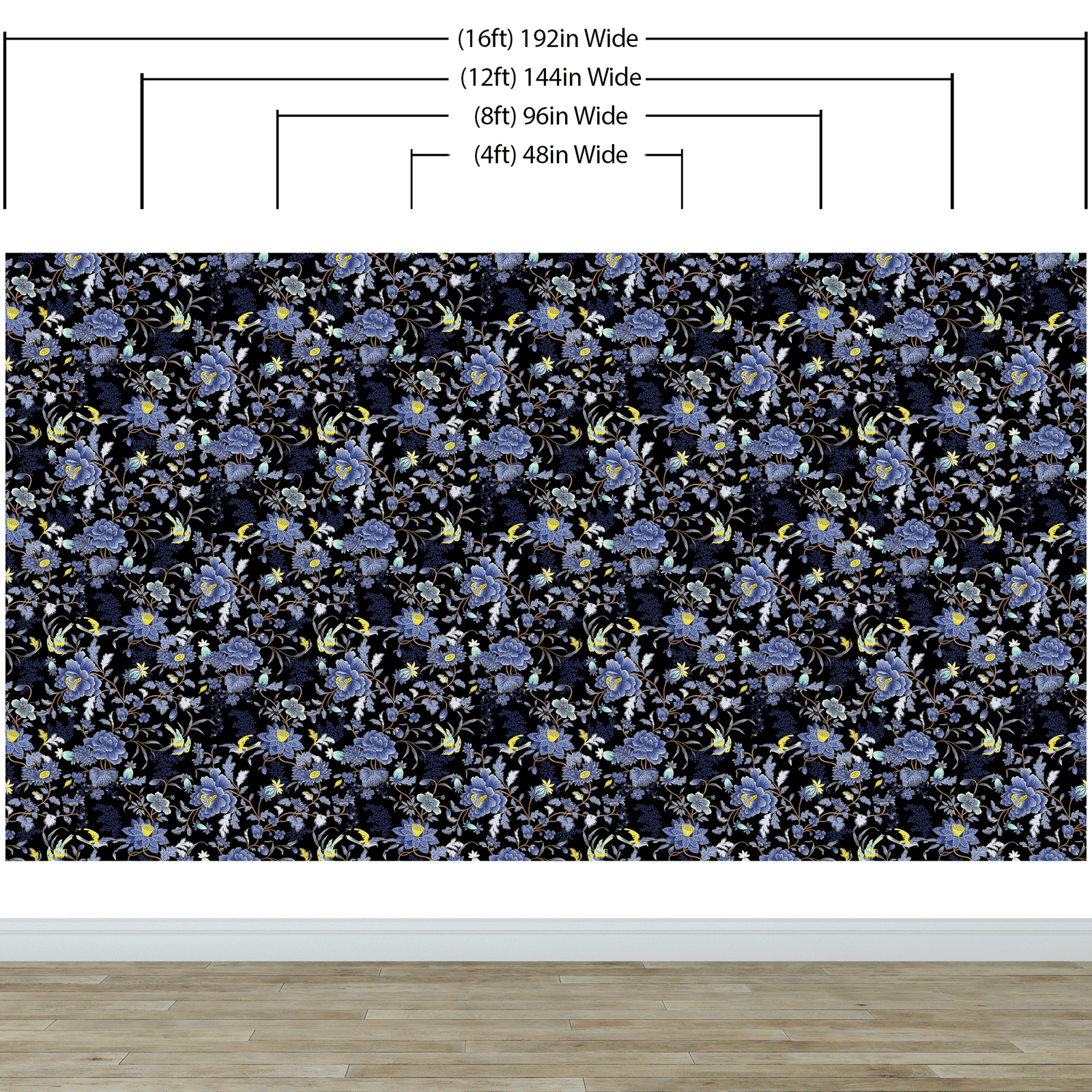 Blue and Black Color Flower Pattern Wall Mural. Tropical Botanical Floral Peel and Stick Wallpaper. #6437