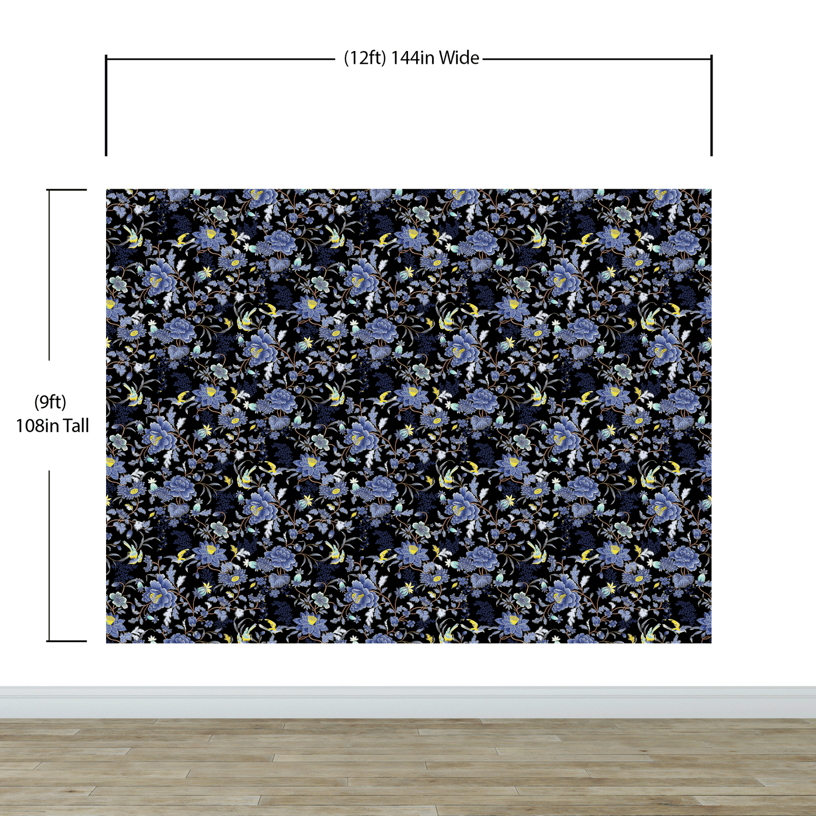Blue and Black Color Flower Pattern Wall Mural. Tropical Botanical Floral Peel and Stick Wallpaper. #6437
