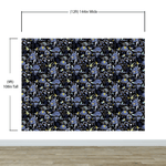 Blue and Black Color Flower Pattern Wall Mural. Tropical Botanical Floral Peel and Stick Wallpaper. #6437
