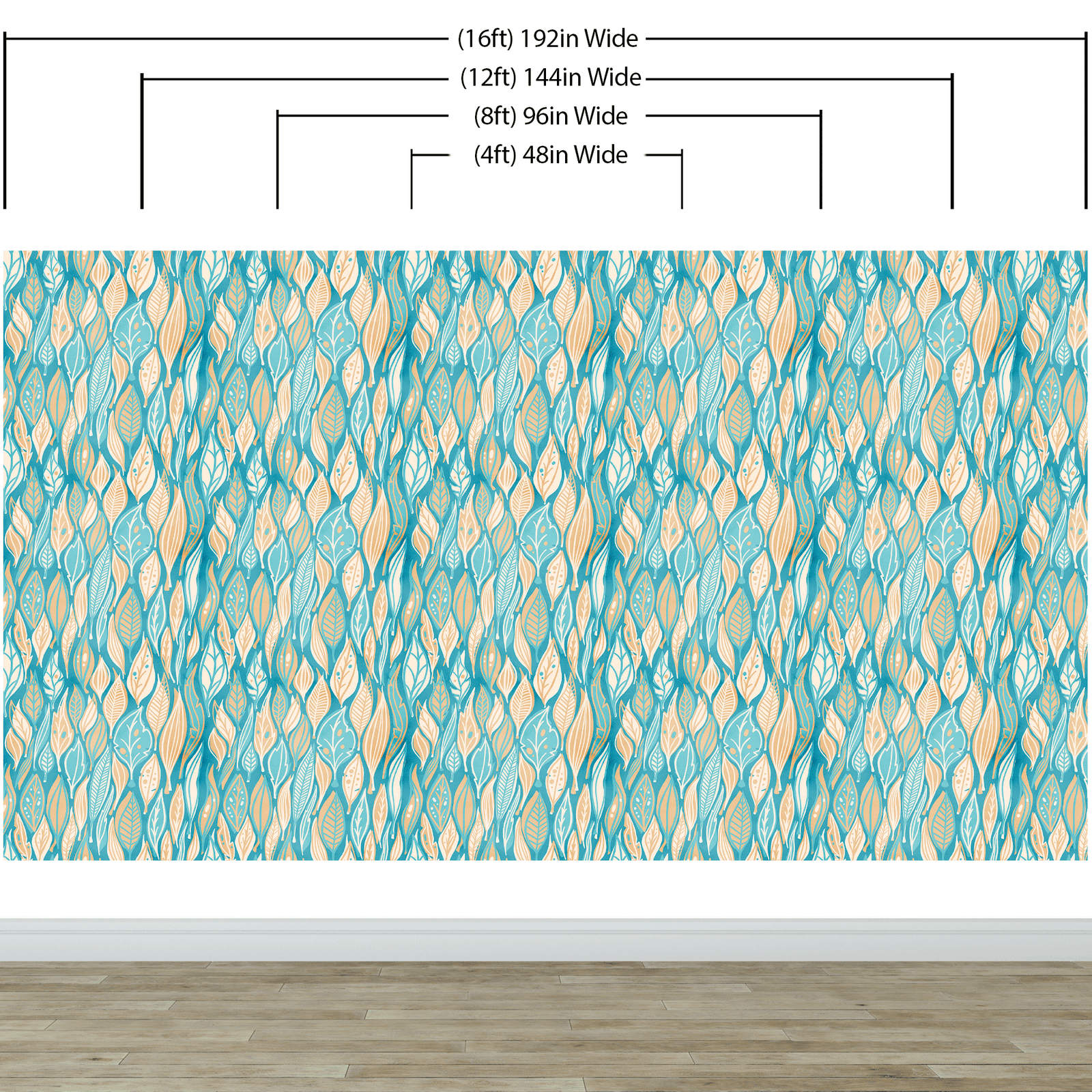 Teal Color Autumn Leaves Pattern Wall Mural. Retro Illustration Foliage Pattern. #6438