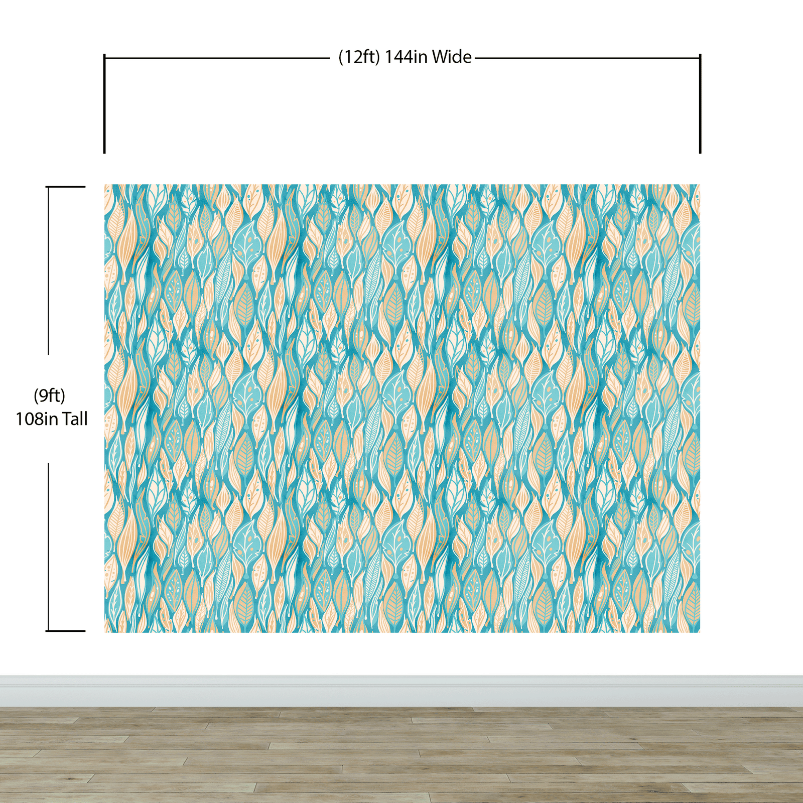 Teal Color Autumn Leaves Pattern Wall Mural. Retro Illustration Foliage Pattern. #6438
