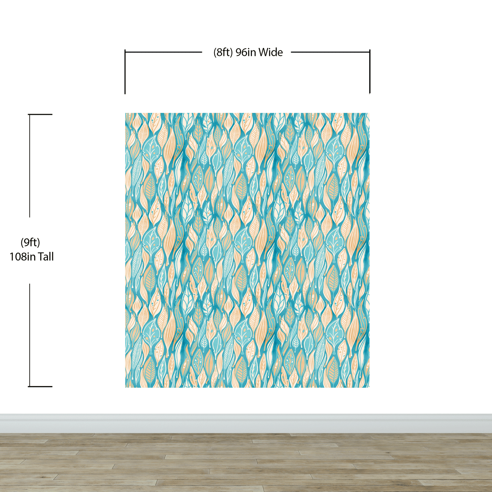 Teal Color Autumn Leaves Pattern Wall Mural. Retro Illustration Foliage Pattern. #6438