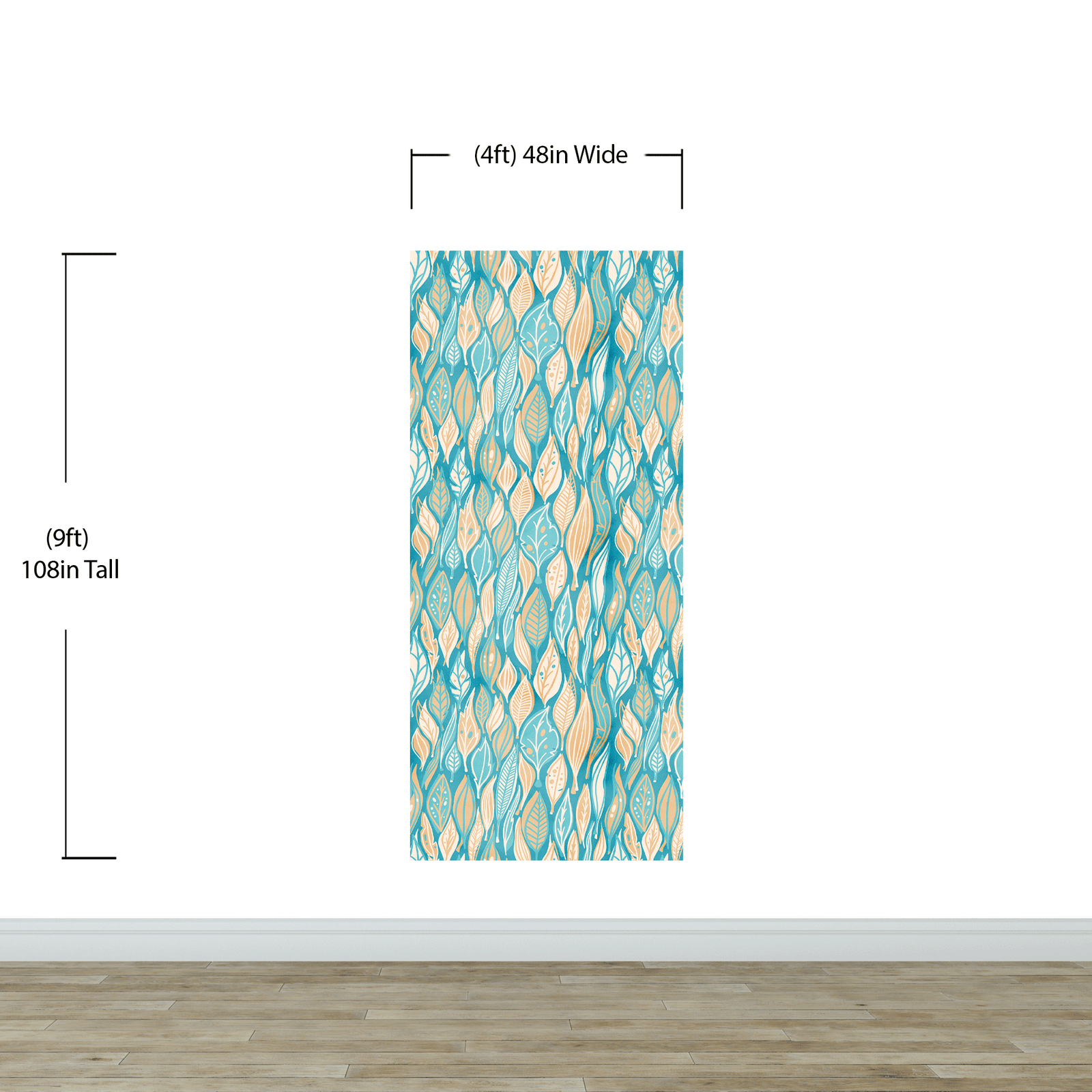 Teal Color Autumn Leaves Pattern Wall Mural. Retro Illustration Foliage Pattern. #6438