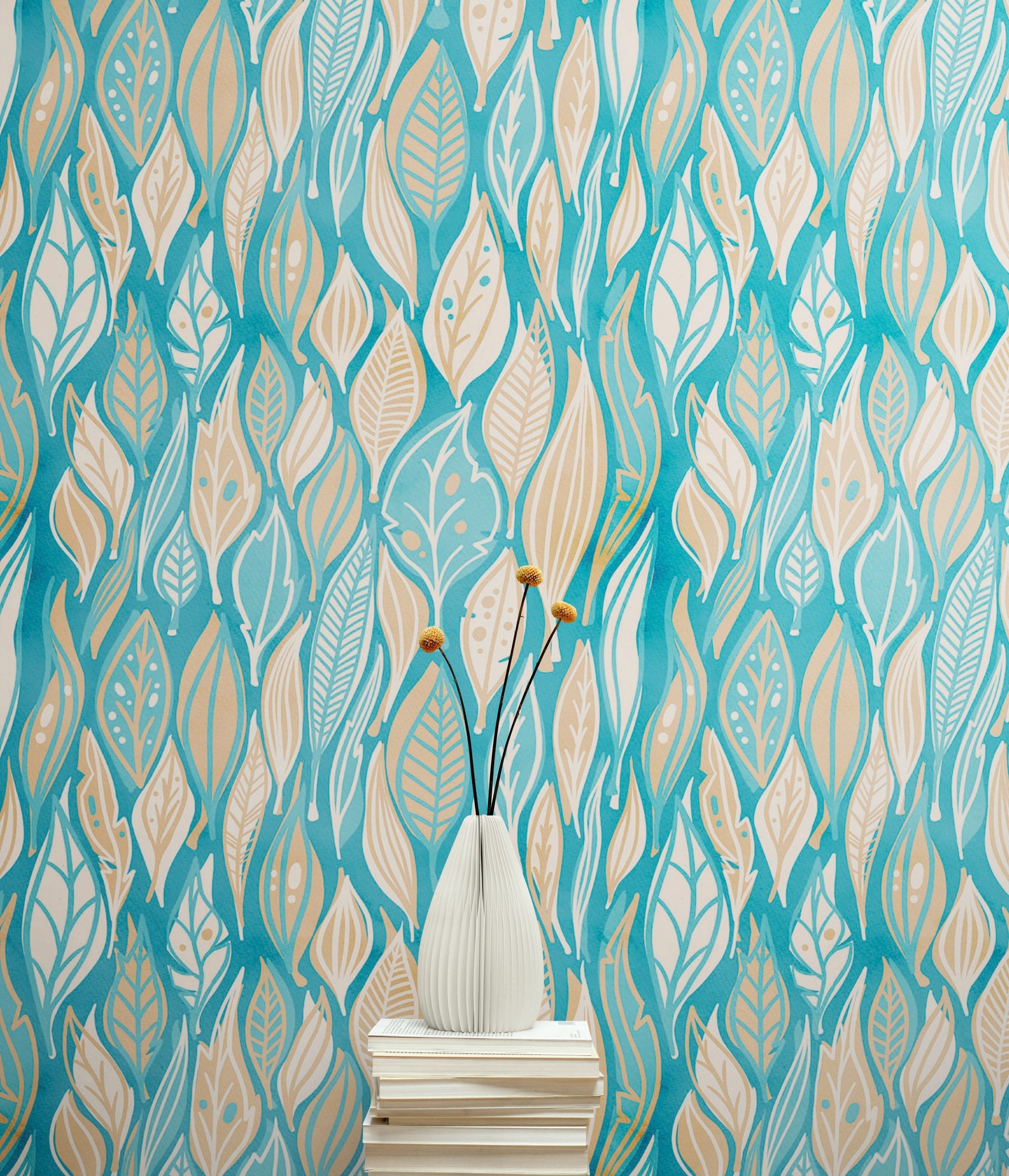 Teal Color Autumn Leaves Pattern Wall Mural. Retro Illustration Foliage Pattern. #6438