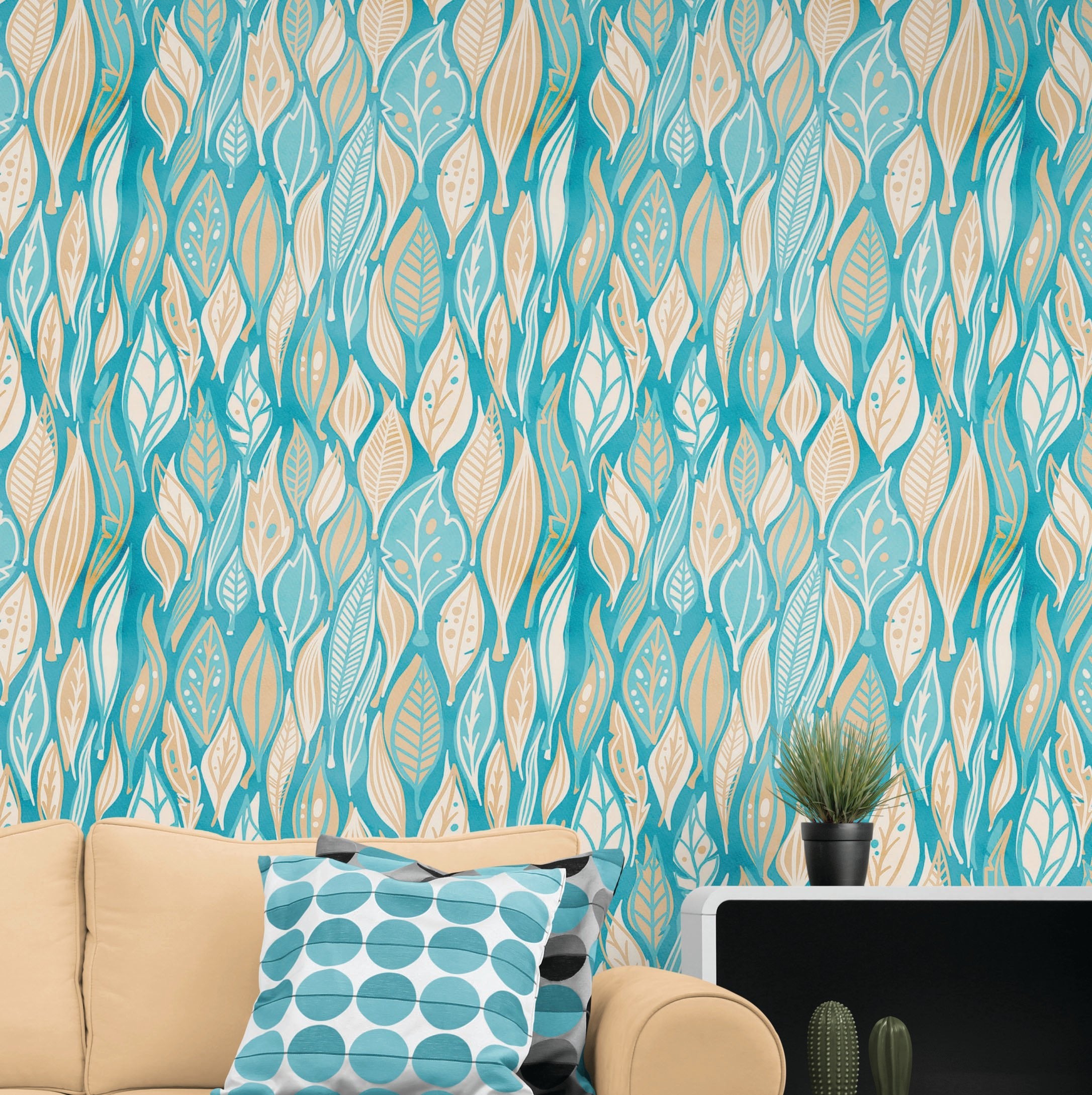 Teal Color Autumn Leaves Pattern Wall Mural. Retro Illustration Foliage Pattern. #6438