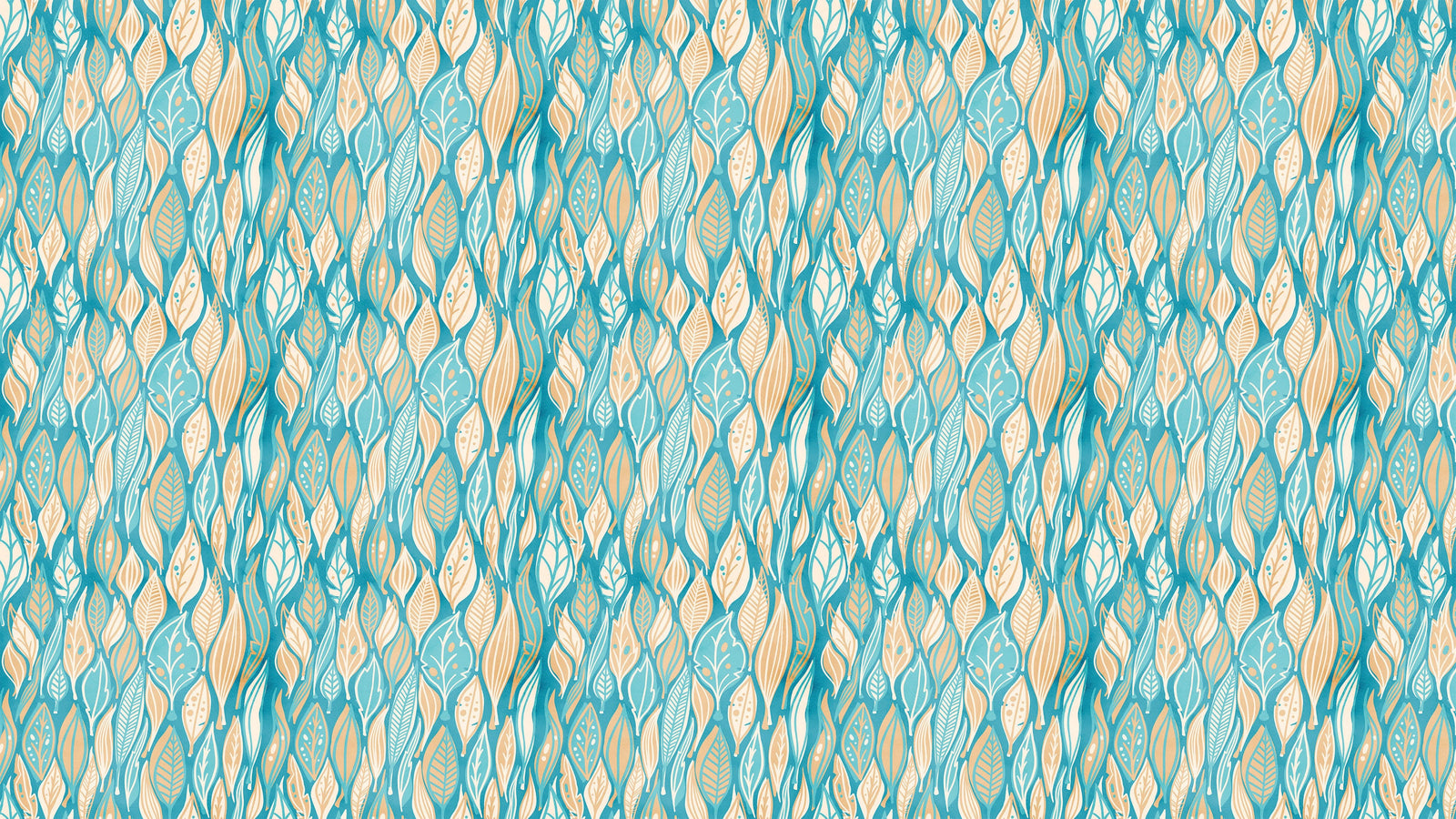 Teal Color Autumn Leaves Pattern Wall Mural. Retro Illustration Foliage Pattern. #6438