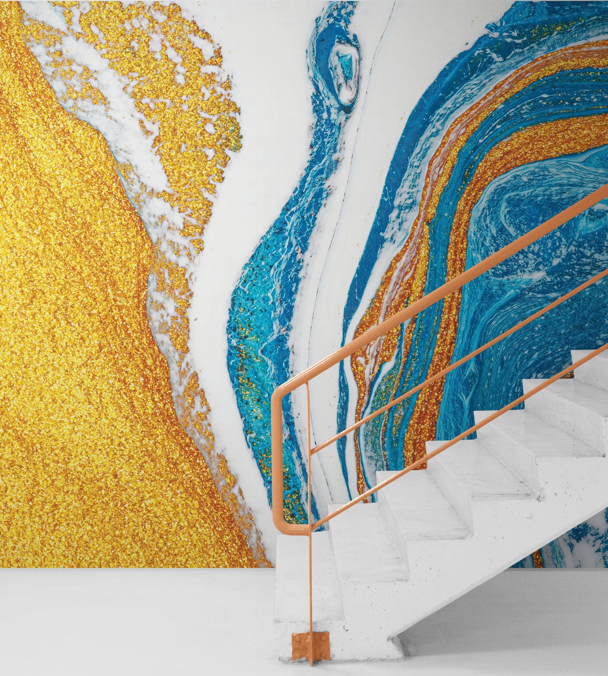 Abstract Bright Color Ink Splotch Pattern Wall Mural. Gold, White and Blue. #6439
