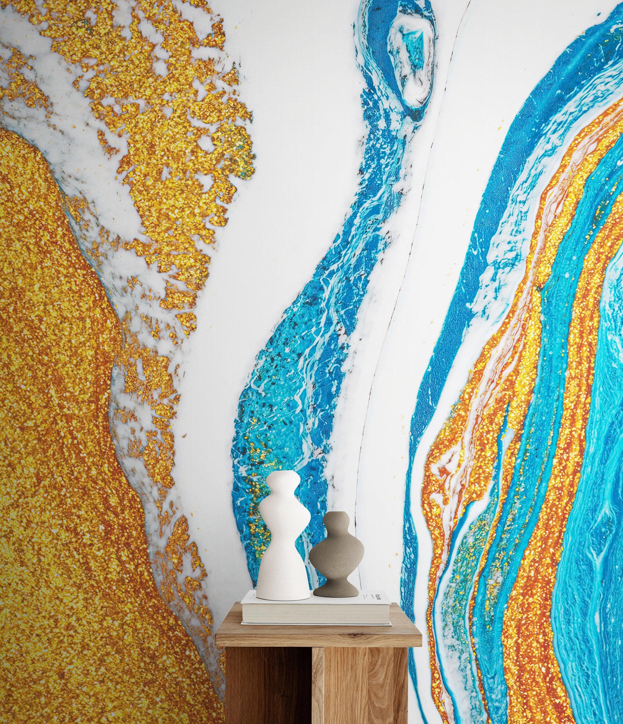 Abstract Bright Color Ink Splotch Pattern Wall Mural. Gold, White and Blue. #6439