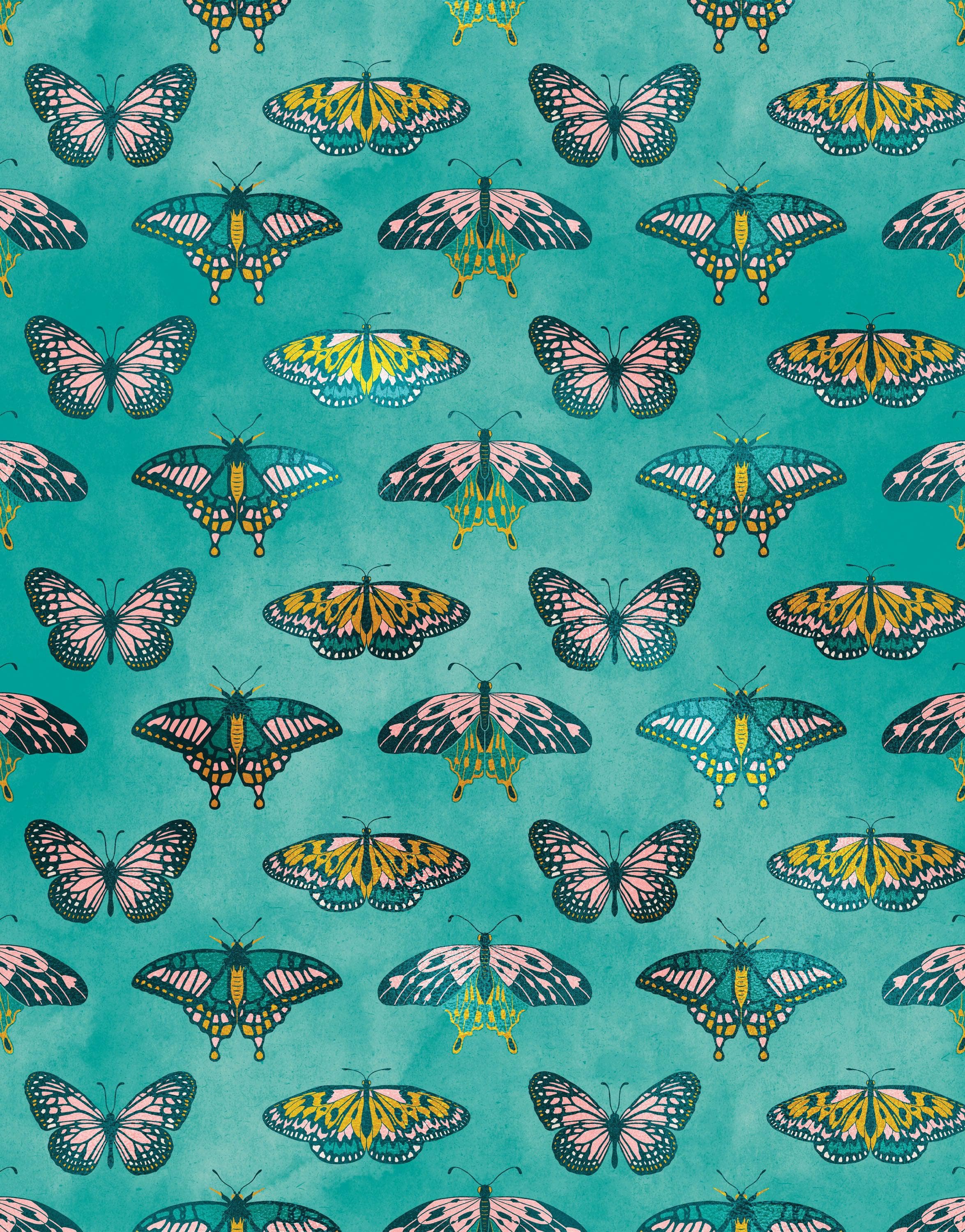 Butterfly Pattern on Green Background Wall Mural. Retro Green, Pink and Gold Color Illustration Design. Bedroom, Nursery, Home Decor. Peel and Stick Wallpaper. #6440
