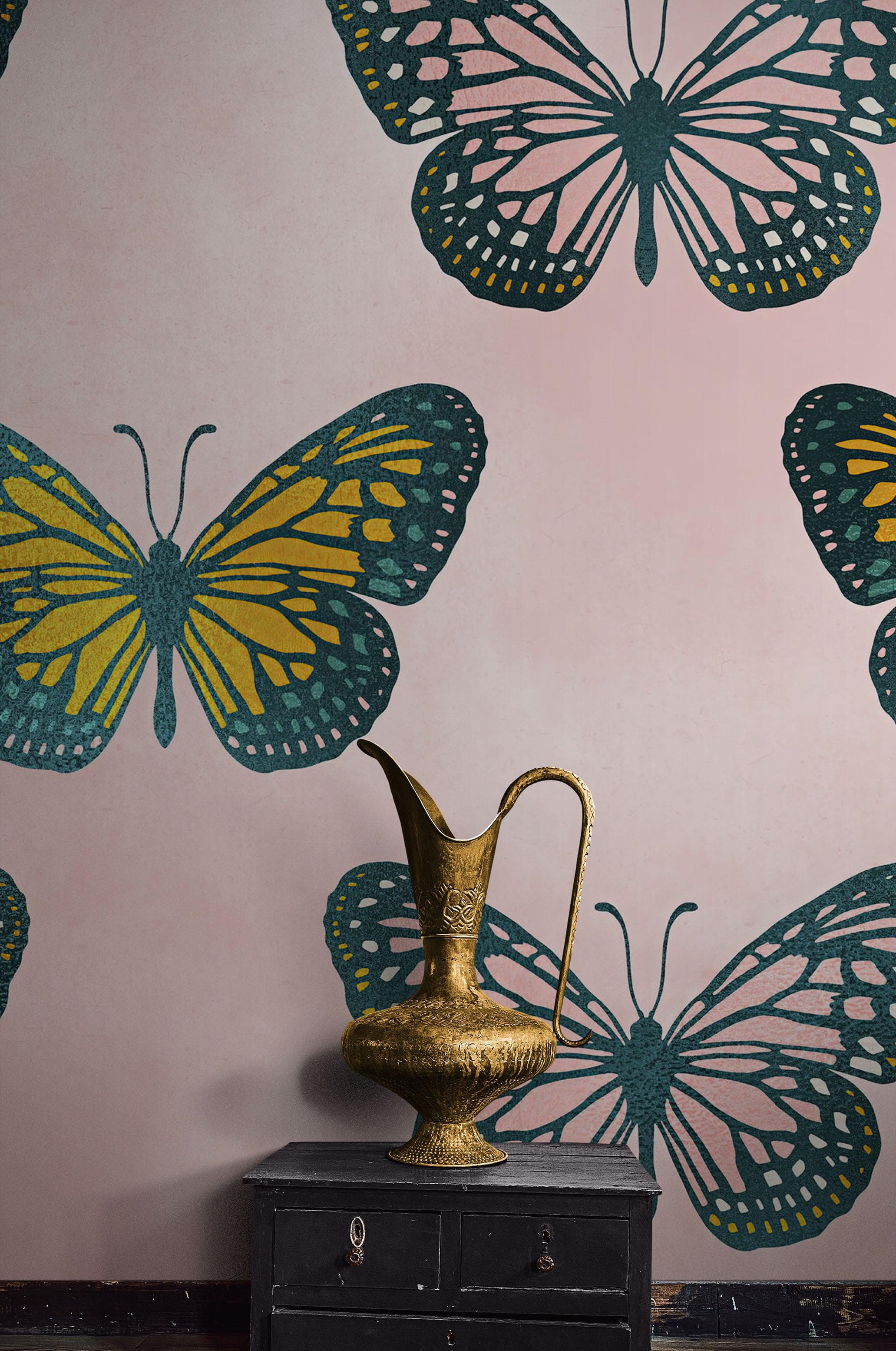 Large Butterfly Pattern on Pink Background Wall Mural. Bedroom, Nursery, Home Decor. Peel and Stick Wallpaper. #6441