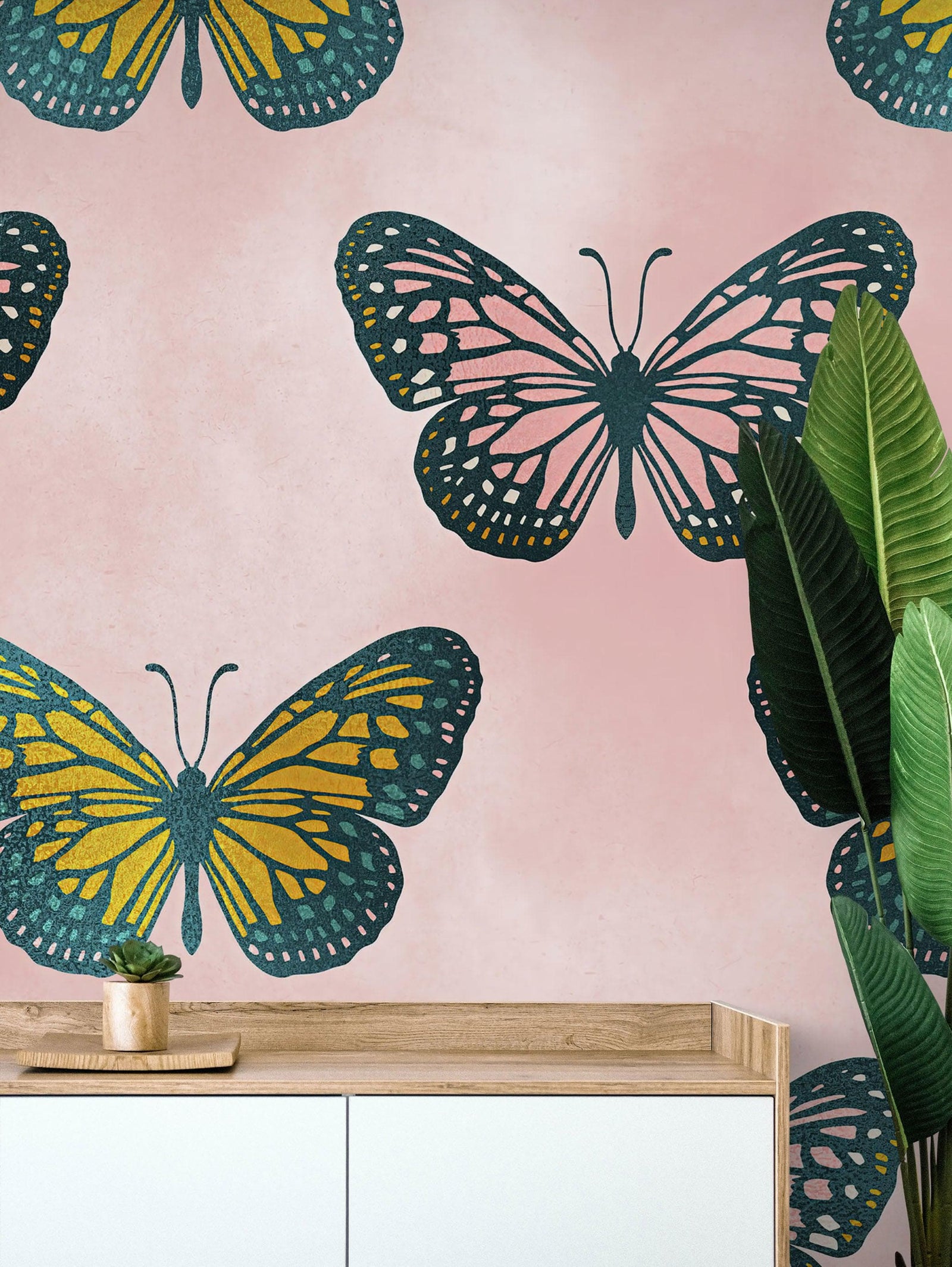 Large Butterfly Pattern on Pink Background Wall Mural. Bedroom, Nursery, Home Decor. Peel and Stick Wallpaper. #6441