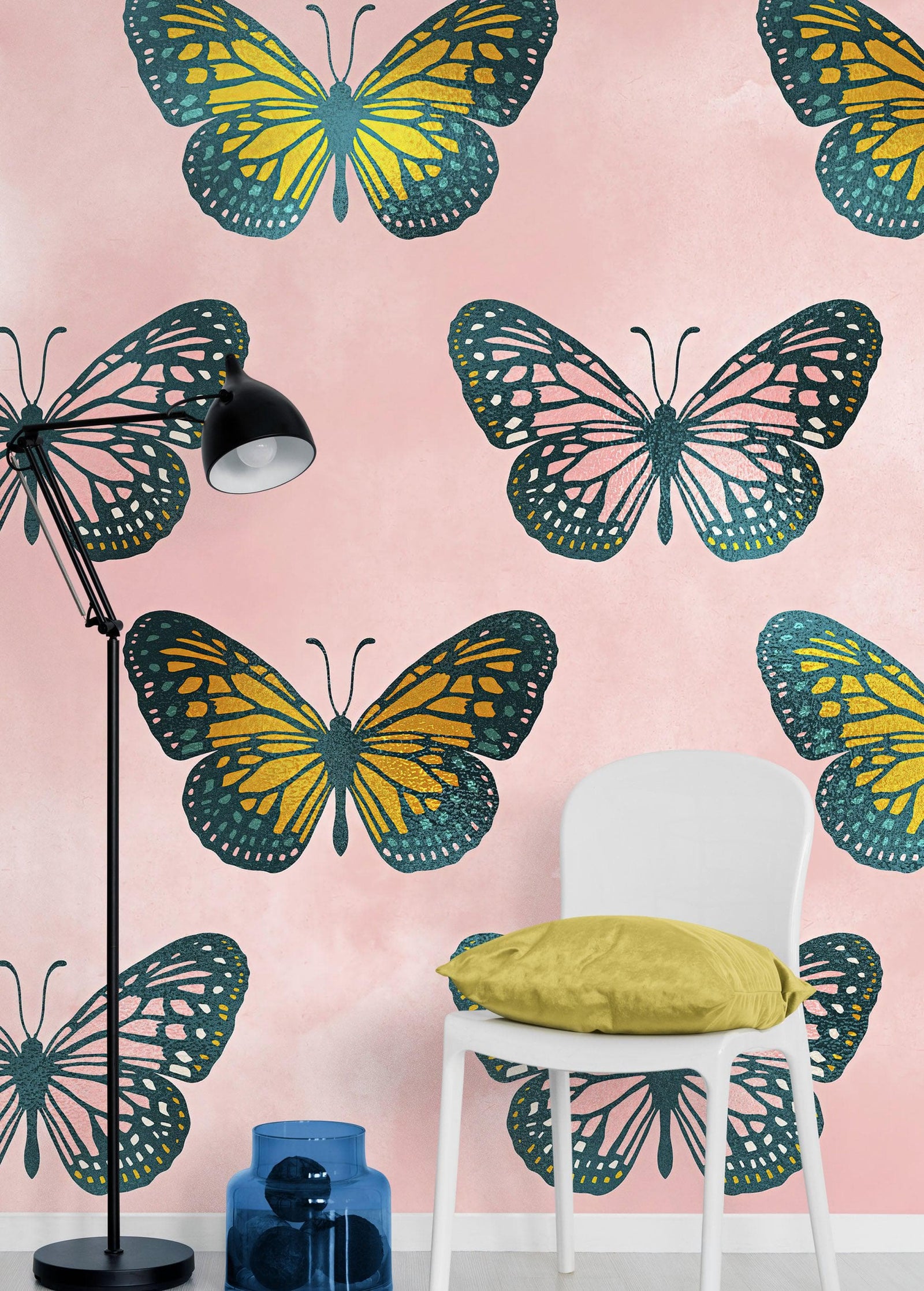 Large Butterfly Pattern on Pink Background Wall Mural. Bedroom, Nursery, Home Decor. Peel and Stick Wallpaper. #6441