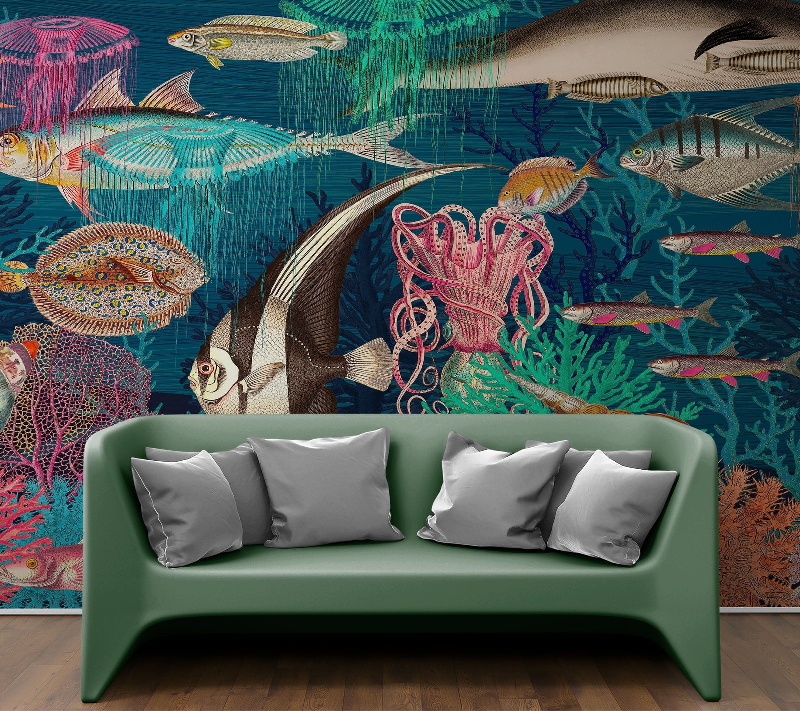 Vintage Retro Underwater Marine Sea Life Wall Mural. Beach / Nautical / Marine Life Theme Peel and Stick Wallpaper. #6442