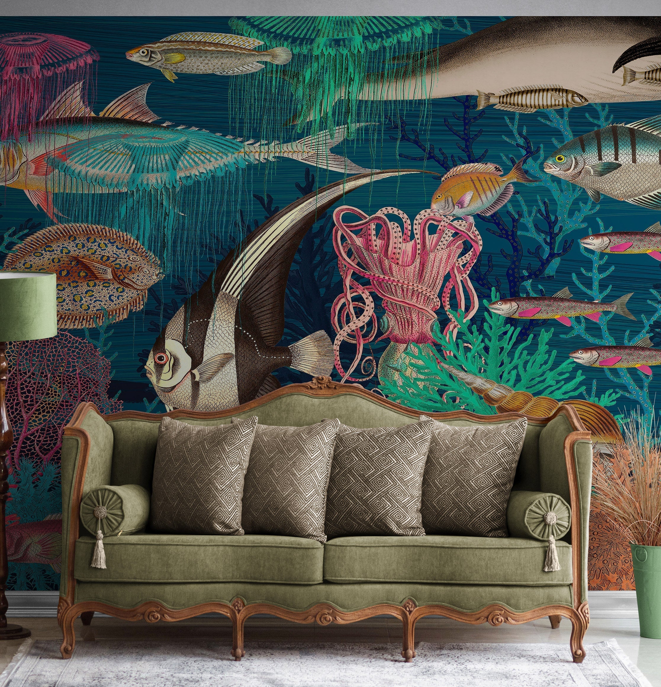 Vintage Retro Underwater Marine Sea Life Wall Mural. Beach / Nautical / Marine Life Theme Peel and Stick Wallpaper. #6442