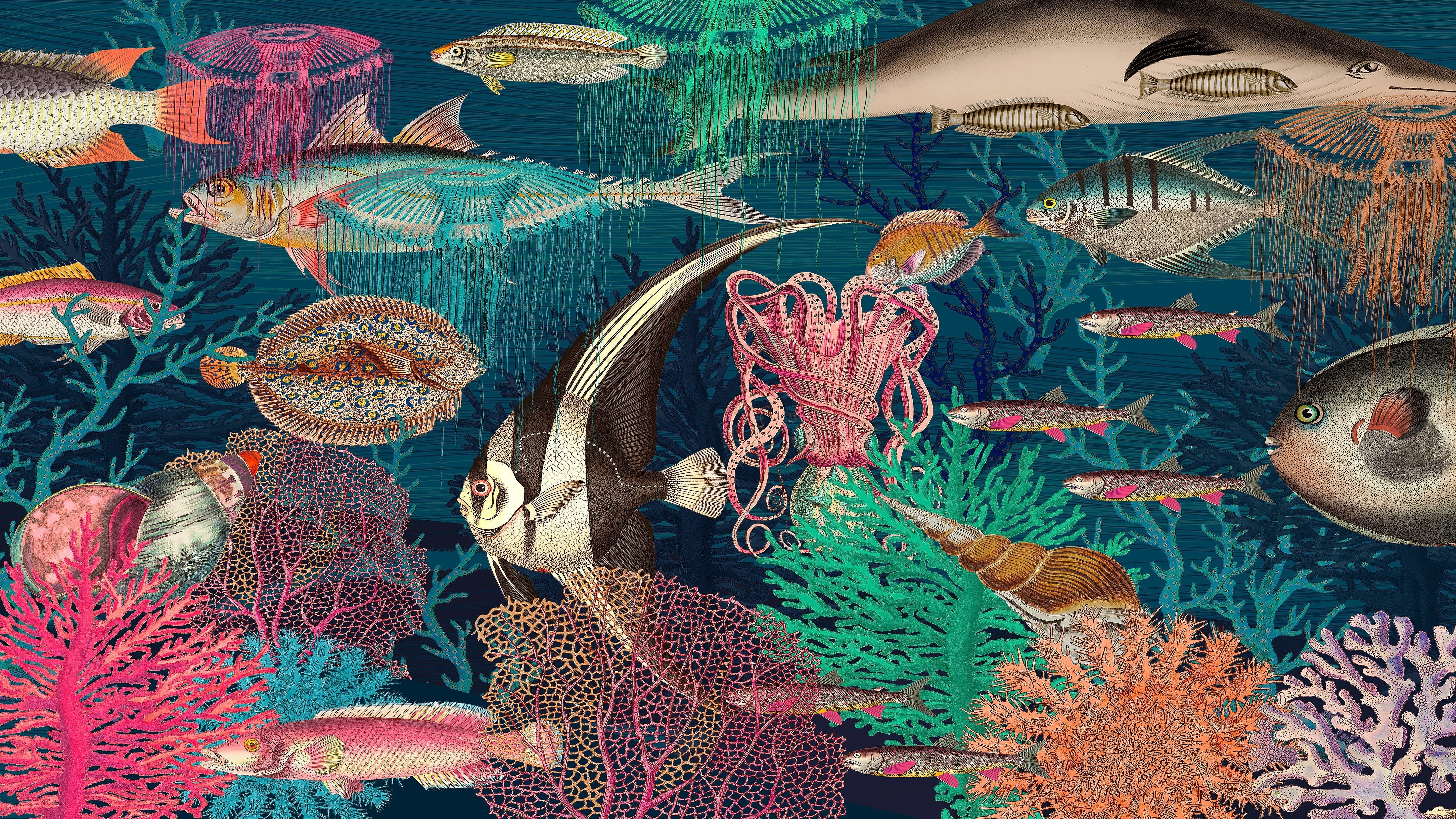 Vintage Retro Underwater Marine Sea Life Wall Mural. Beach / Nautical / Marine Life Theme Peel and Stick Wallpaper. #6442