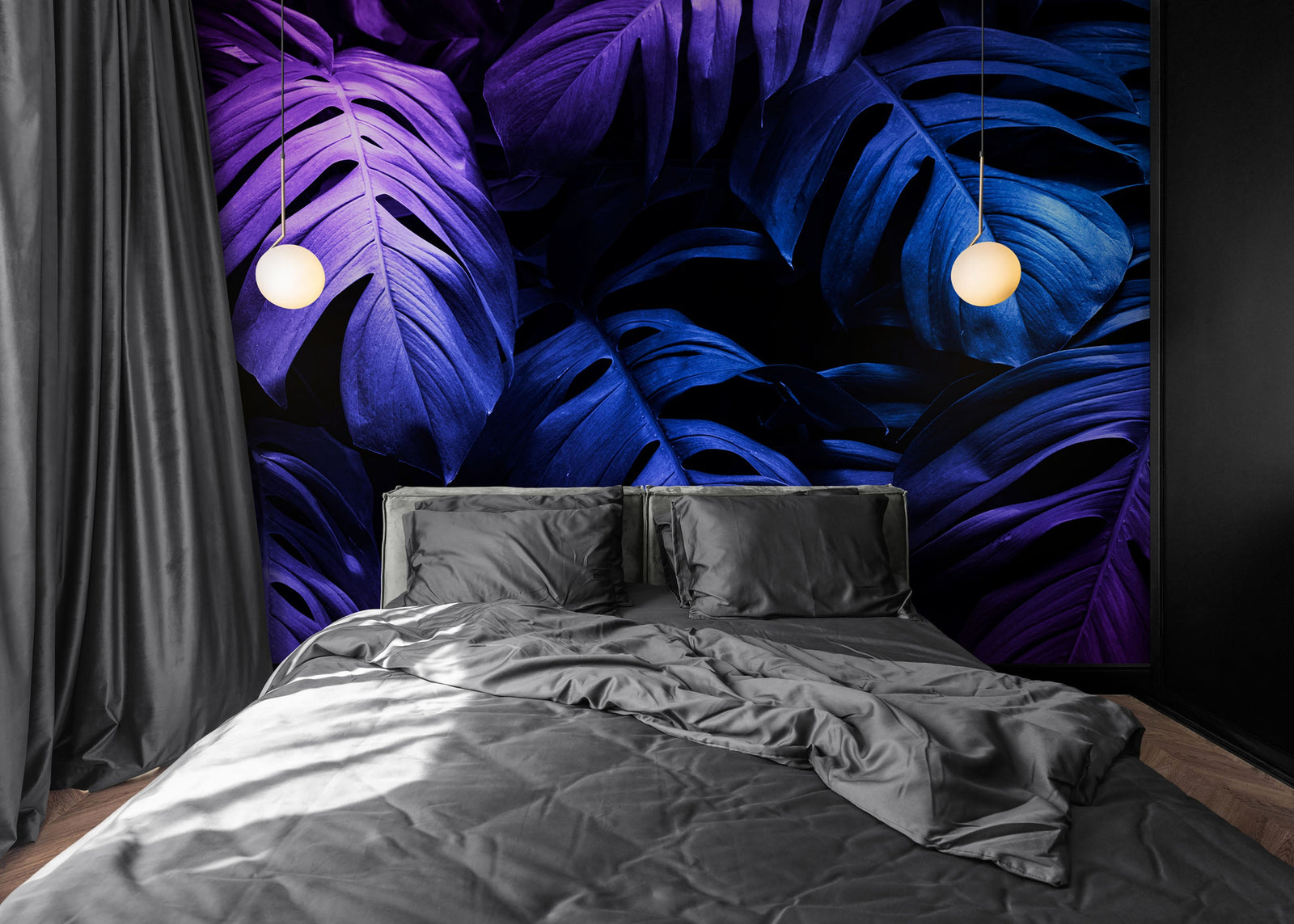 Tropical Wallpaper Blue and Purple Leaf Wall Mural on Dark Background #6445